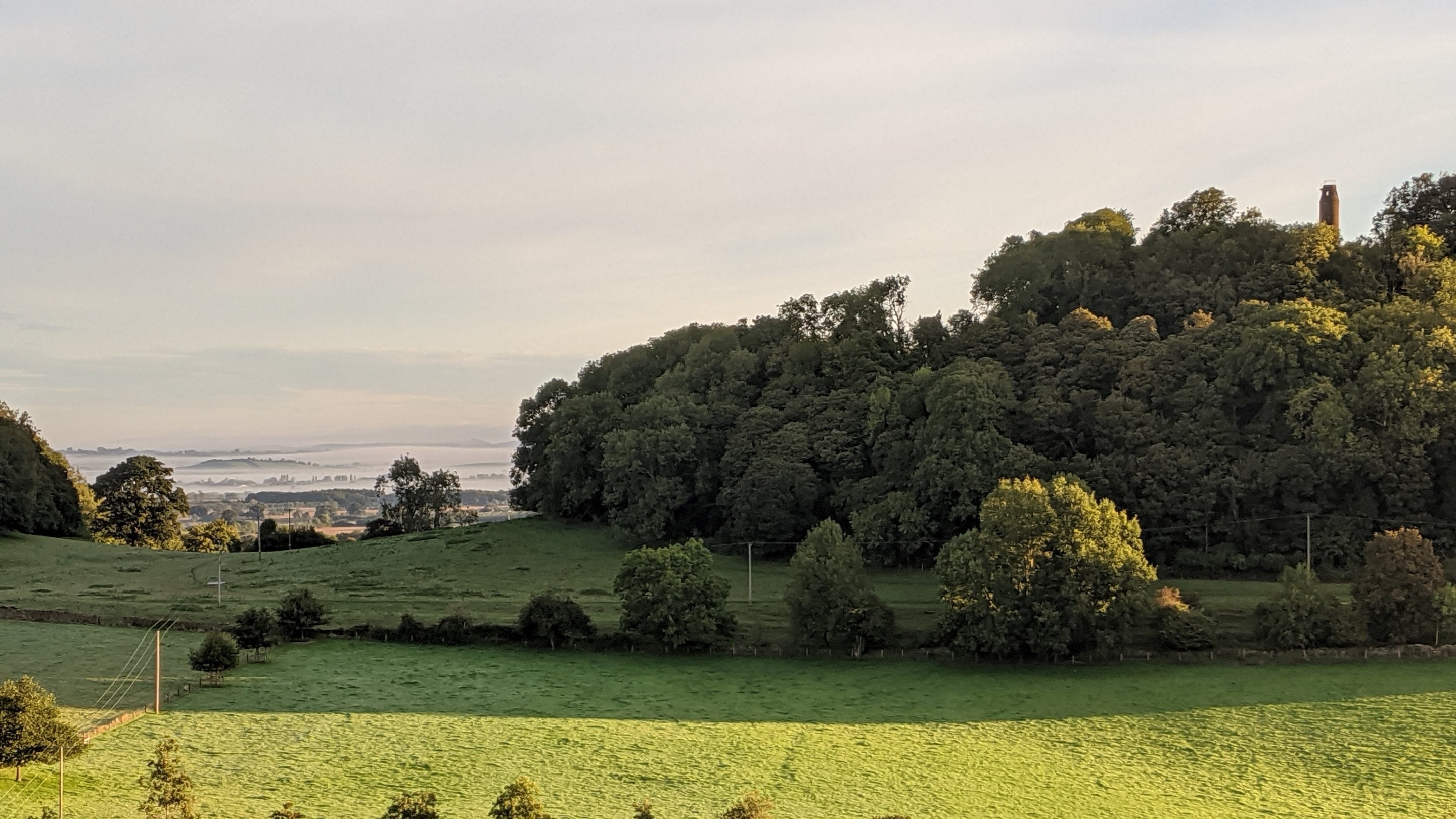 A wooded hill with a stone tower on top, on a misty autumn morning