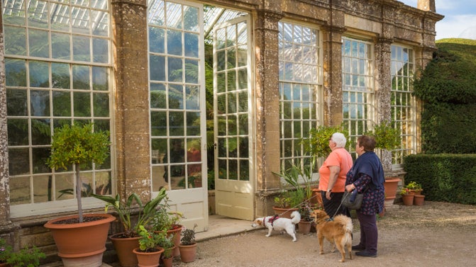 Visitors outside the Orangery at Montacute House, Somerset
