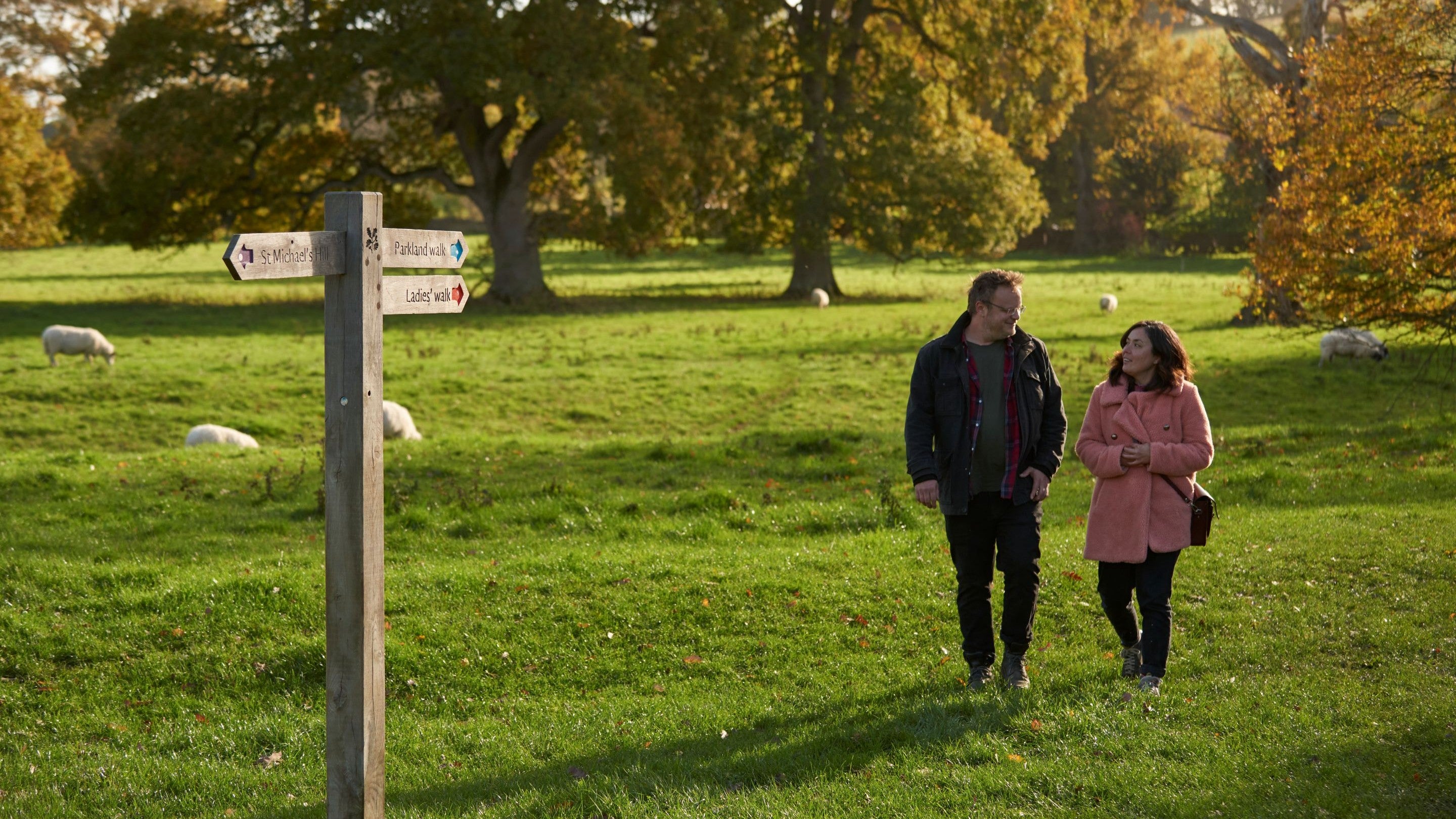 Two visitors walking between sheep with a finger sign pointing in three directions in the parkland at Montacute House