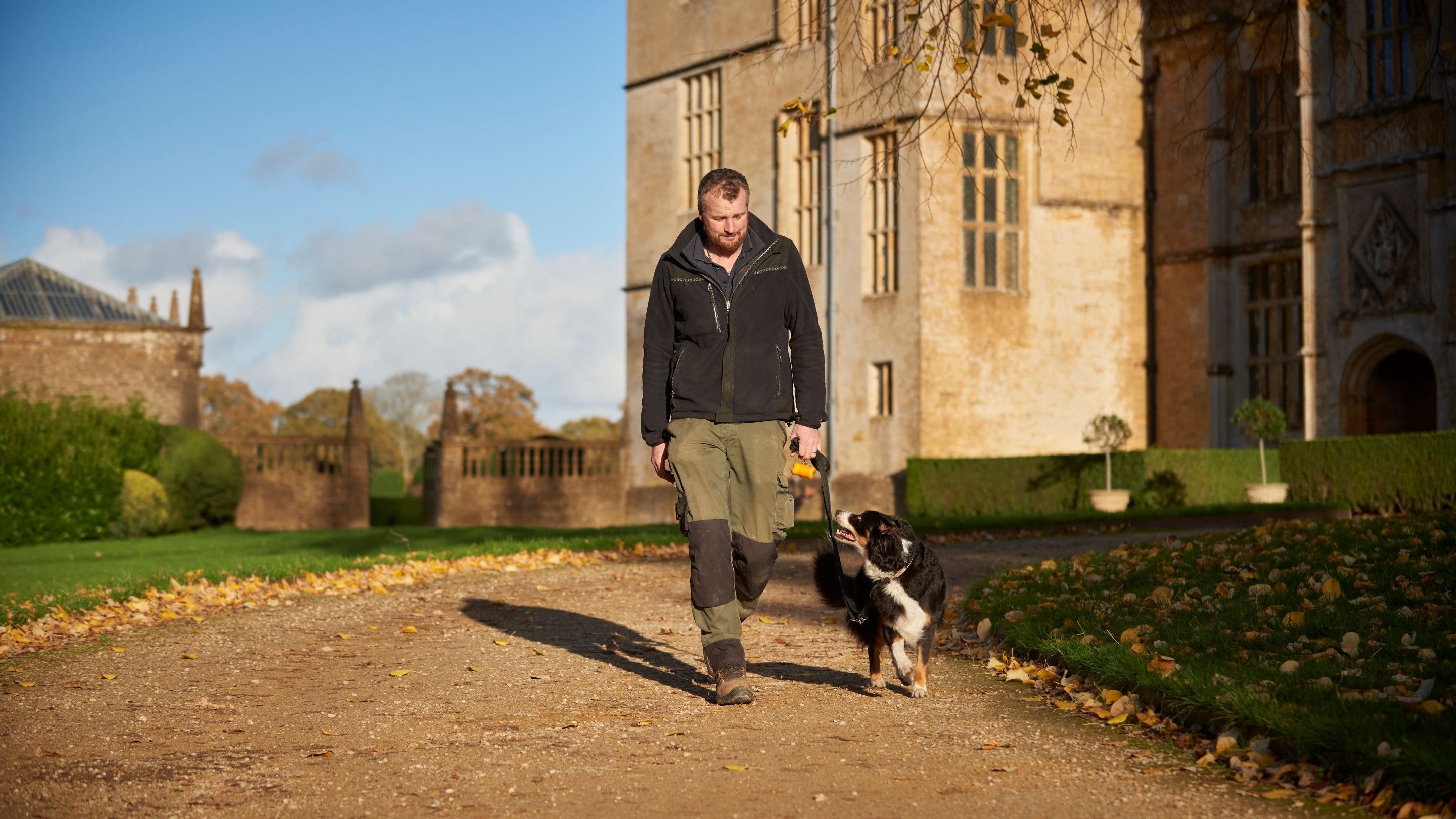 A dog walker outside the west of Montacute House