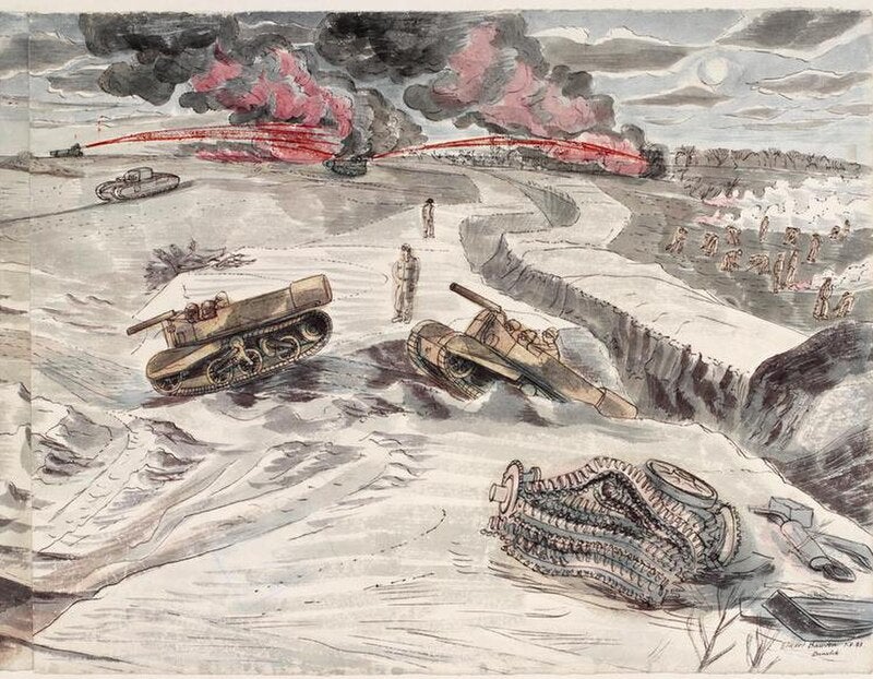 Painting of Exercise Kruschen featuring the 'snake' flame thrower at Dunwich in the 1940s