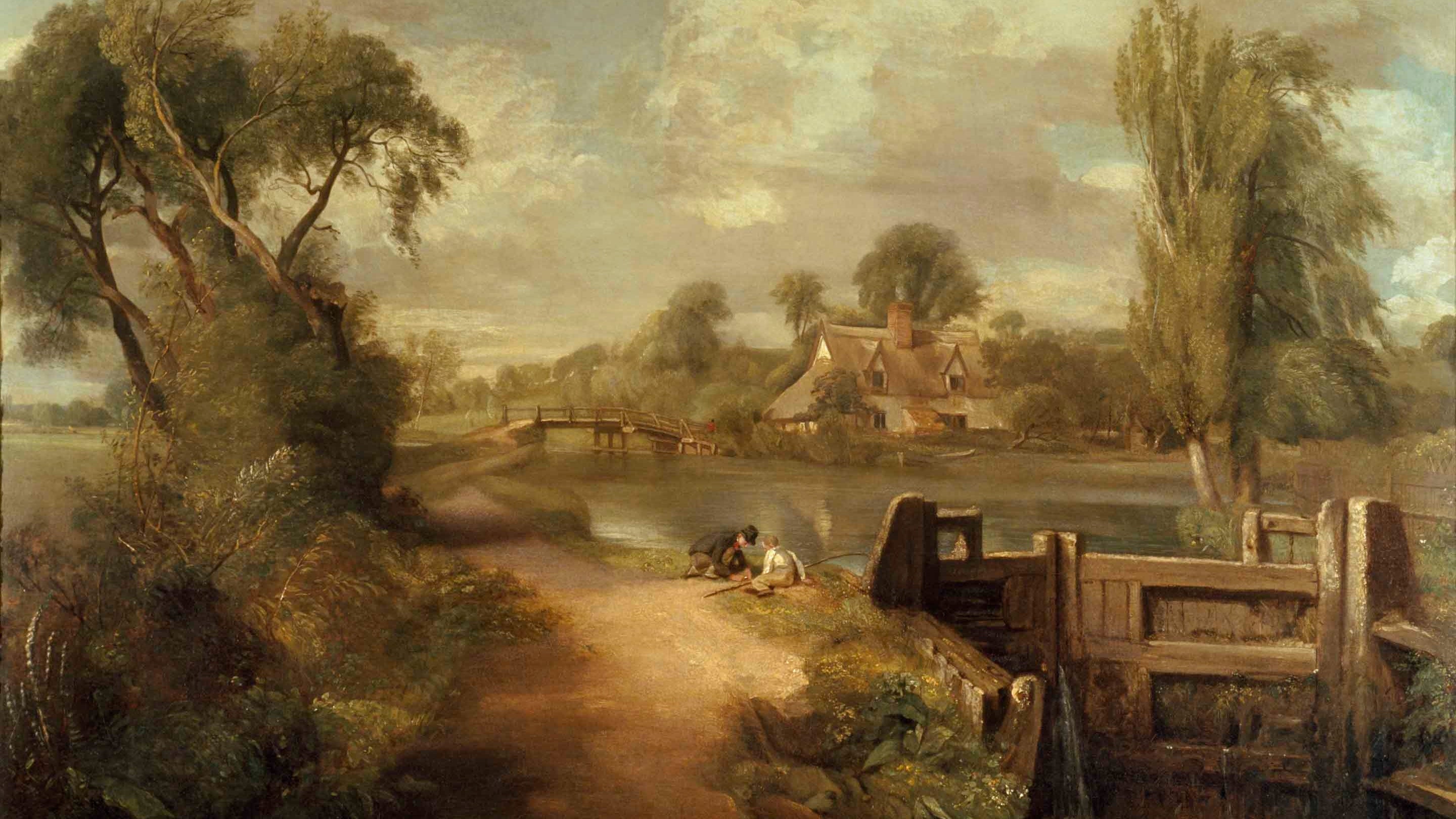 Oil painting on canvas, Flatford Lock after John Constable, RA (East Bergholt 1776 ? London 1837). River landscape, the River Stour with Flatford Lock with the bridge and Bridge Cottage beyond. Trees to the left and right, two boys on the bank in the centre, fishing.