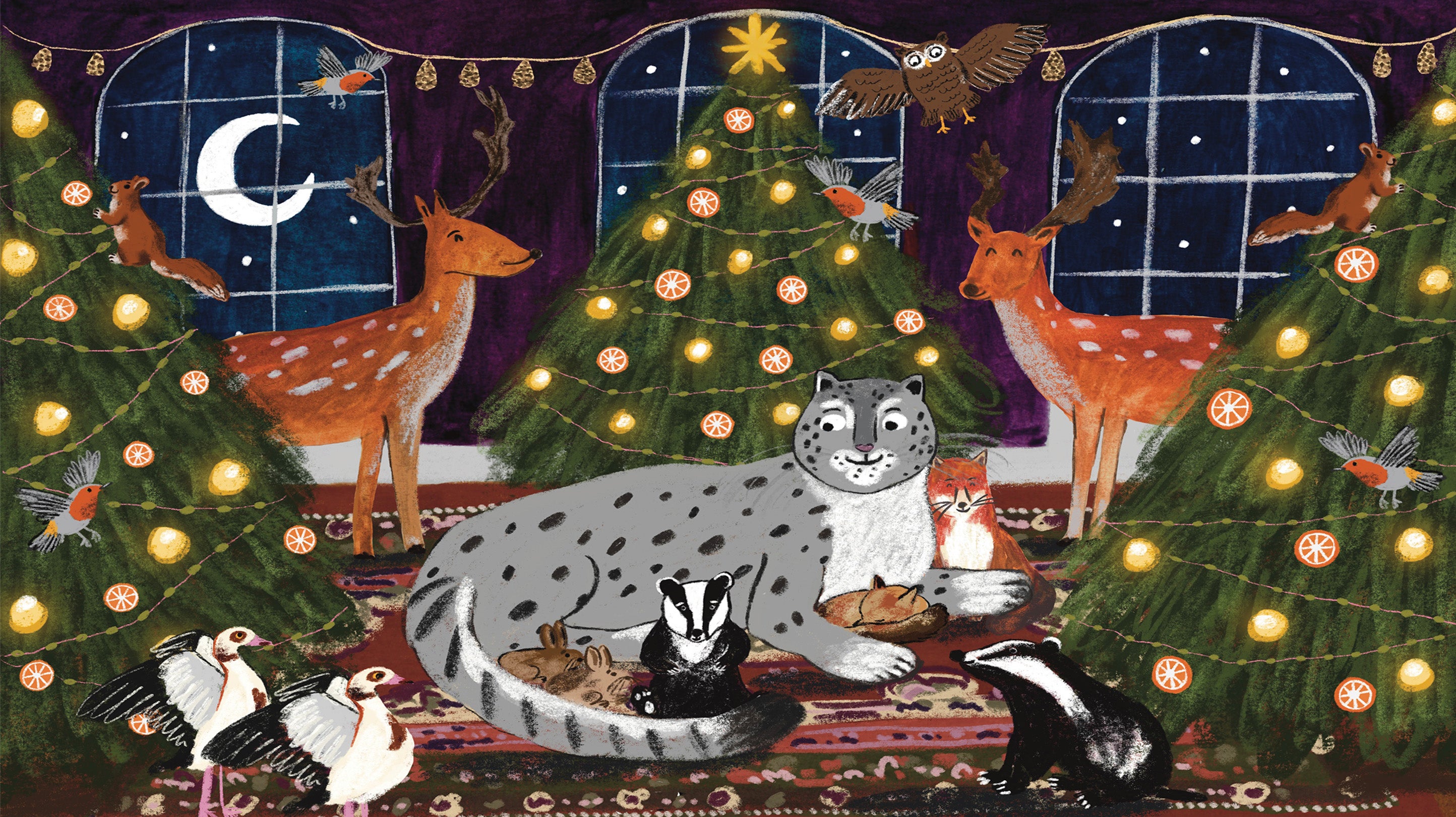 A drawn interior christmas scene with brtish wildlife with the snow leopard who is sitting on a rug surrounded by three christmas trees