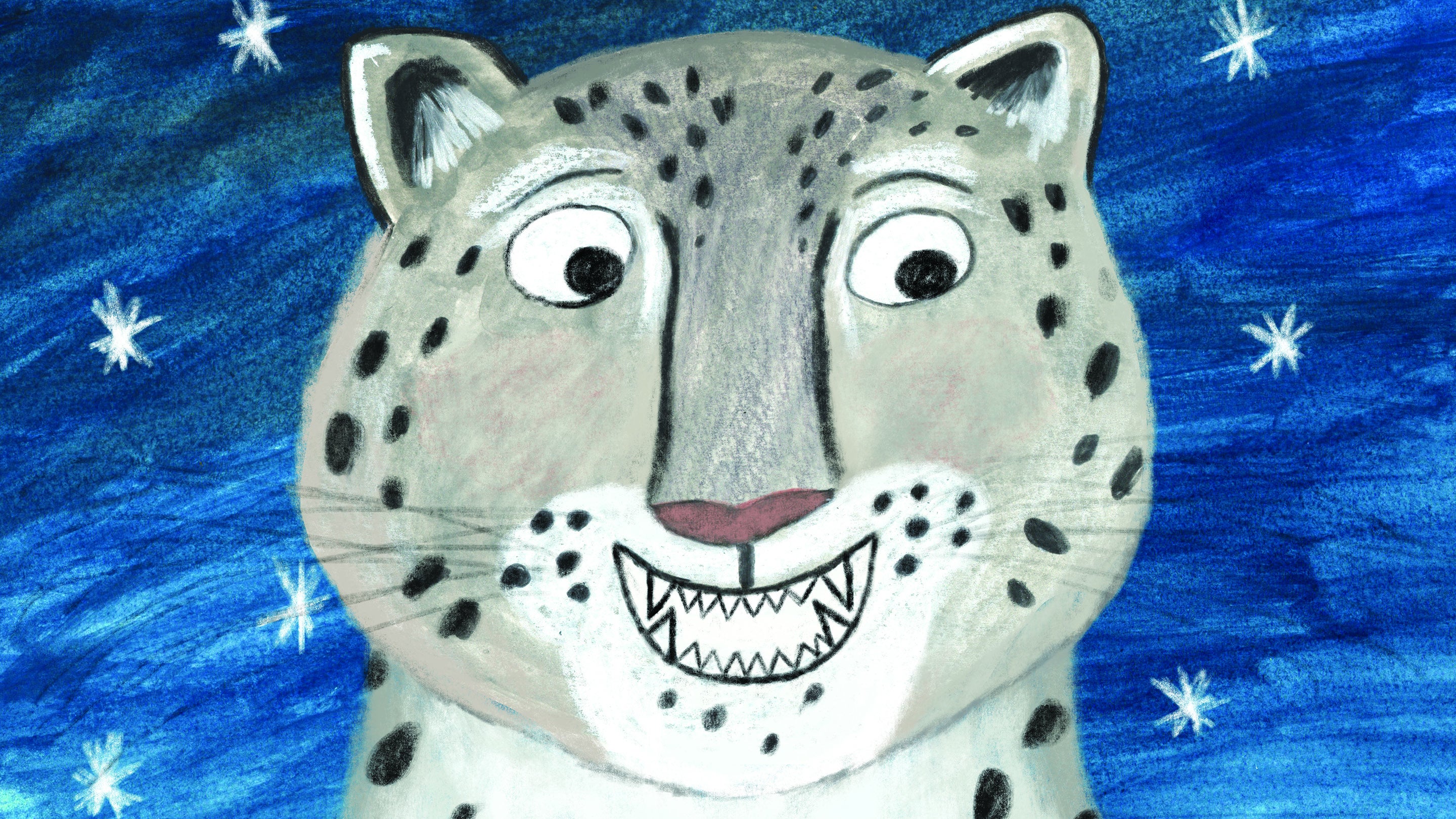 A hand drawn image of a snow leopards head on a blue background