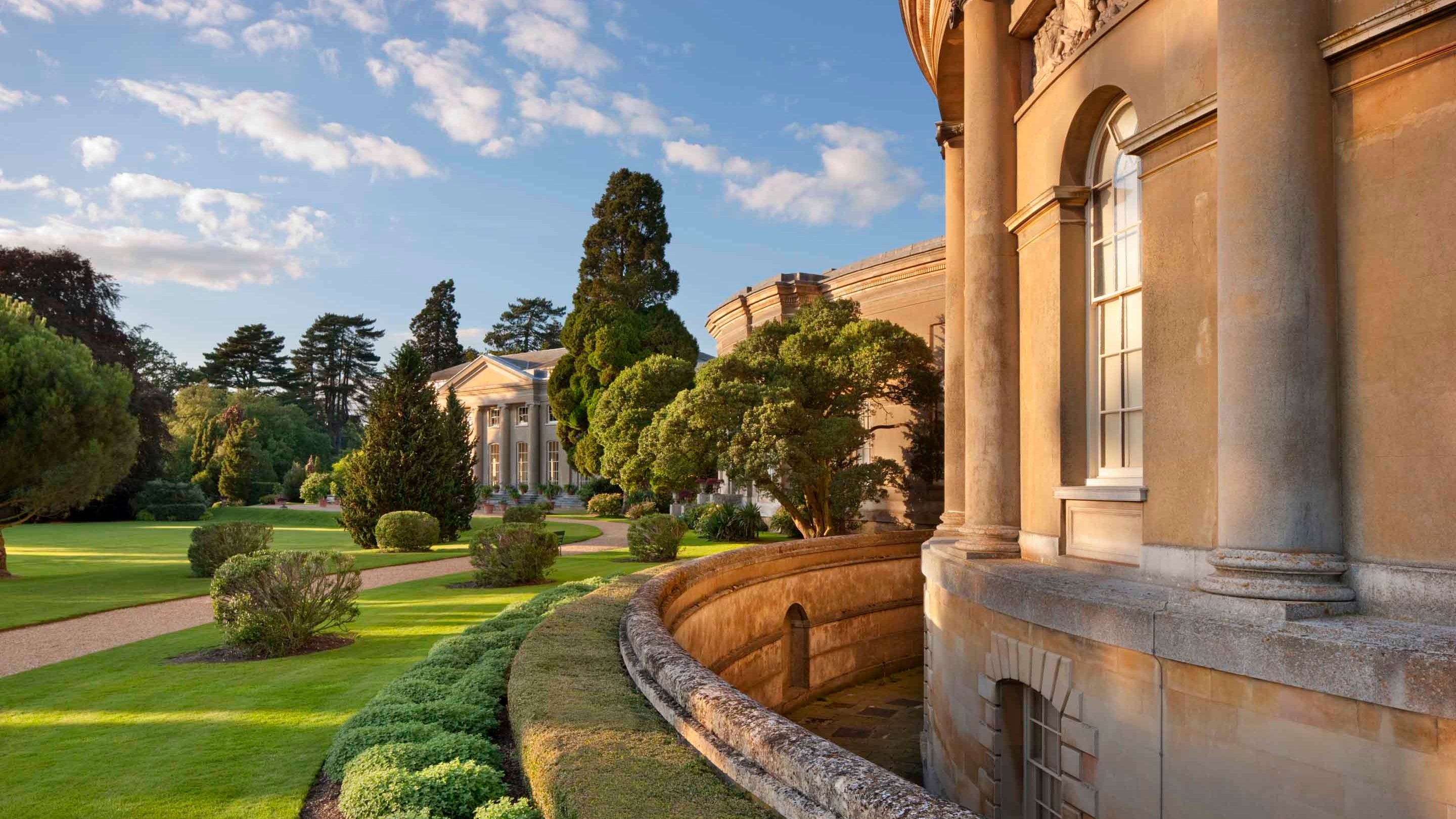 The Rotunda and Italianate Garden, looking towards the west wing at Ickworth House, Suffolk.