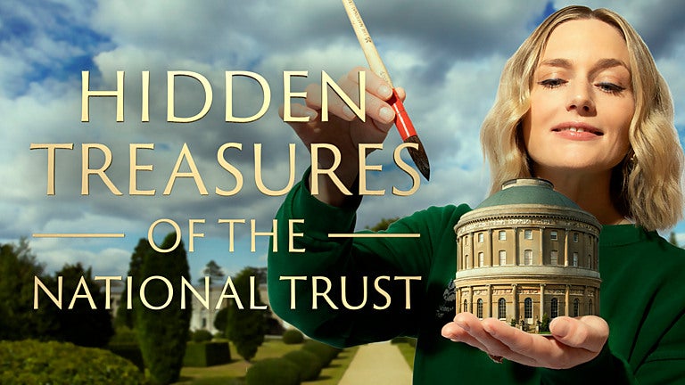 An image of a lady with blonde hair holding a tiny rotunda and dusting it with a paint brush. The text over the image says Hidden Treasures of the National Trust