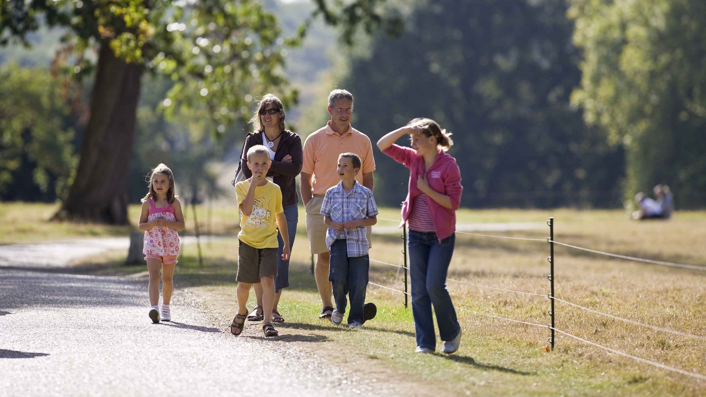 Family walking in the park at Ickworth, Suffolk, in summer