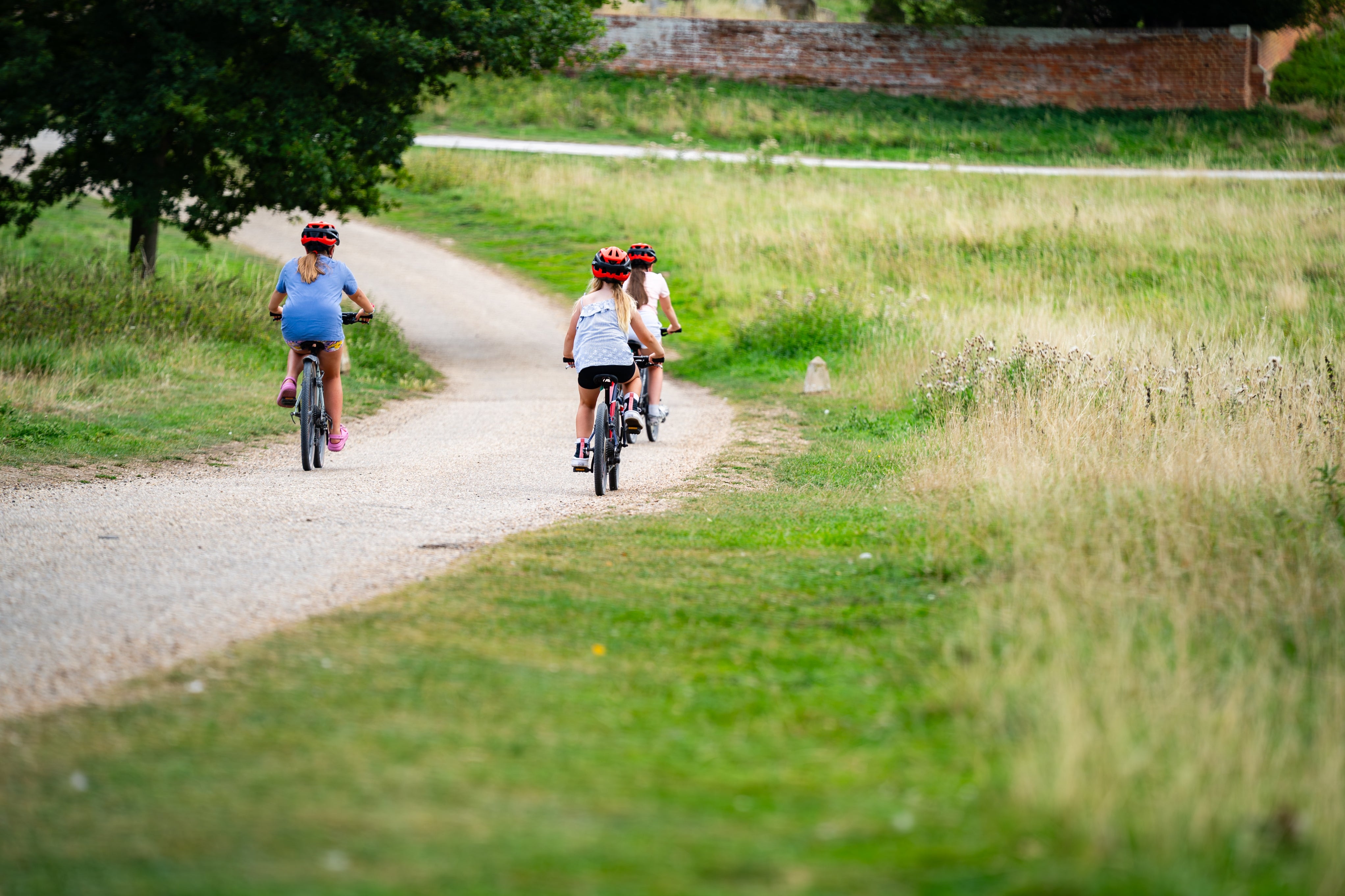 Three sisters ride bikes out into the sunny parkland at Ickworth Estate