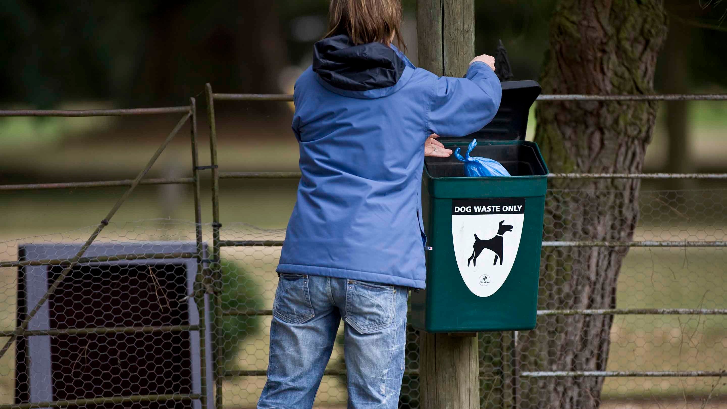 Visitor using the pet waste disposal bins in the park at Ickworth, Suffolk