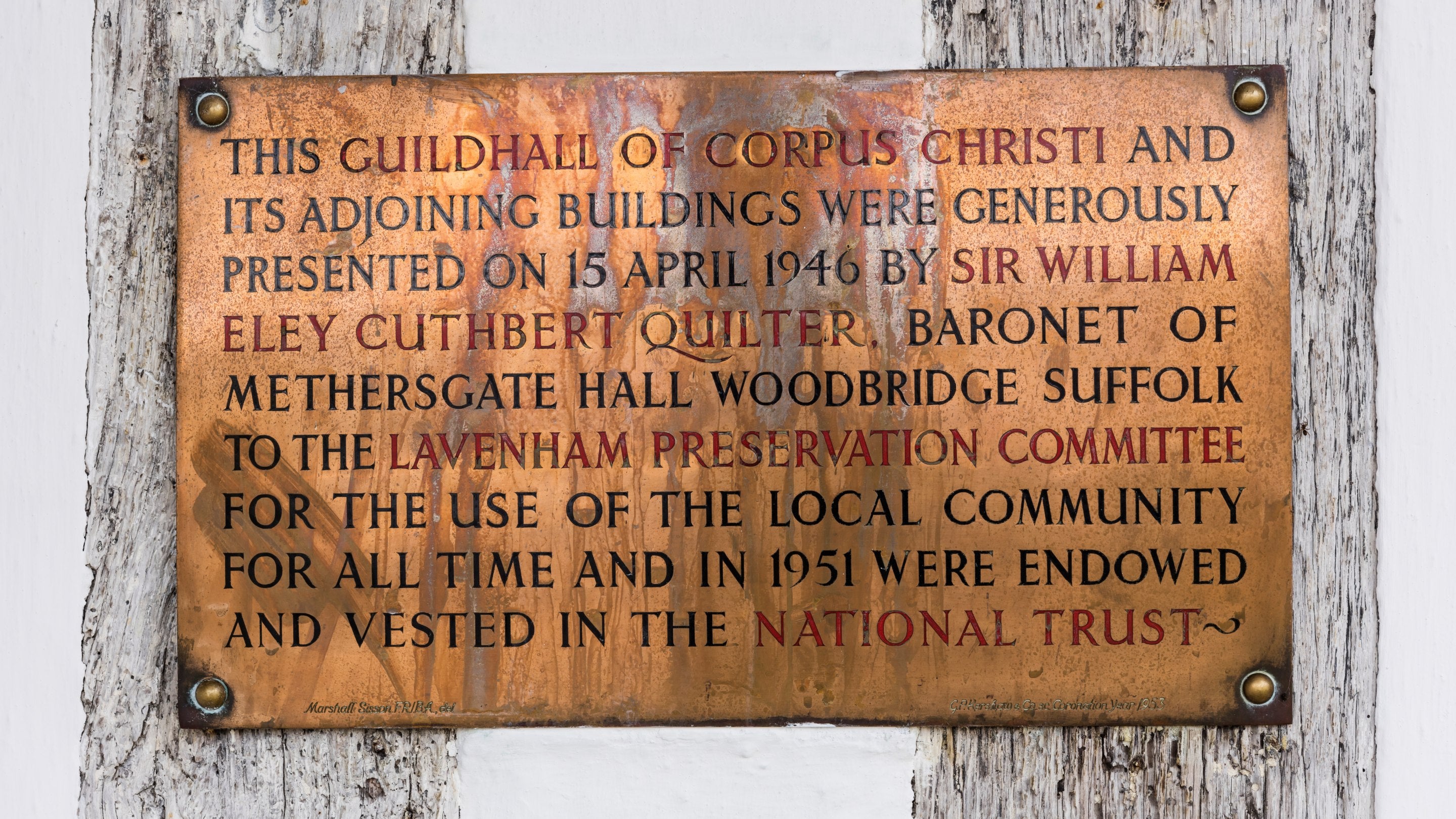 The plaque outside Lavenham Guildhall commemorating its donation to the National Trust