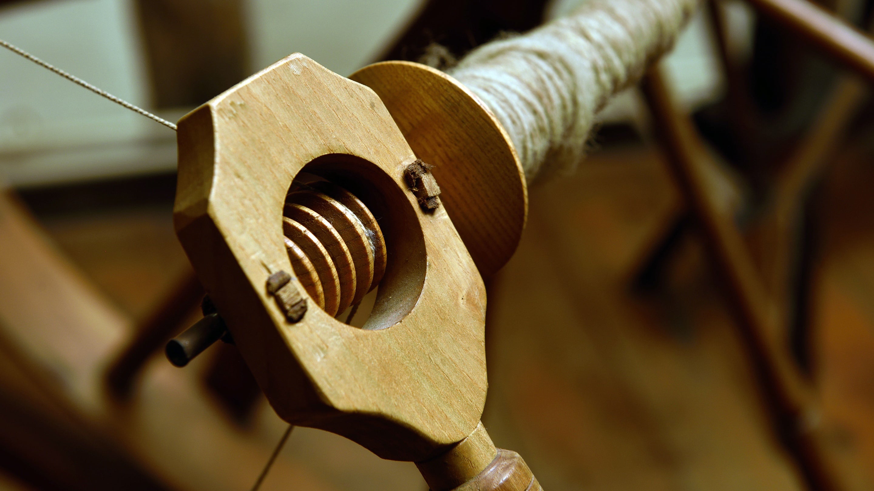 Detail of a spinning wheel at Lavenham Guildhall, Suffolk