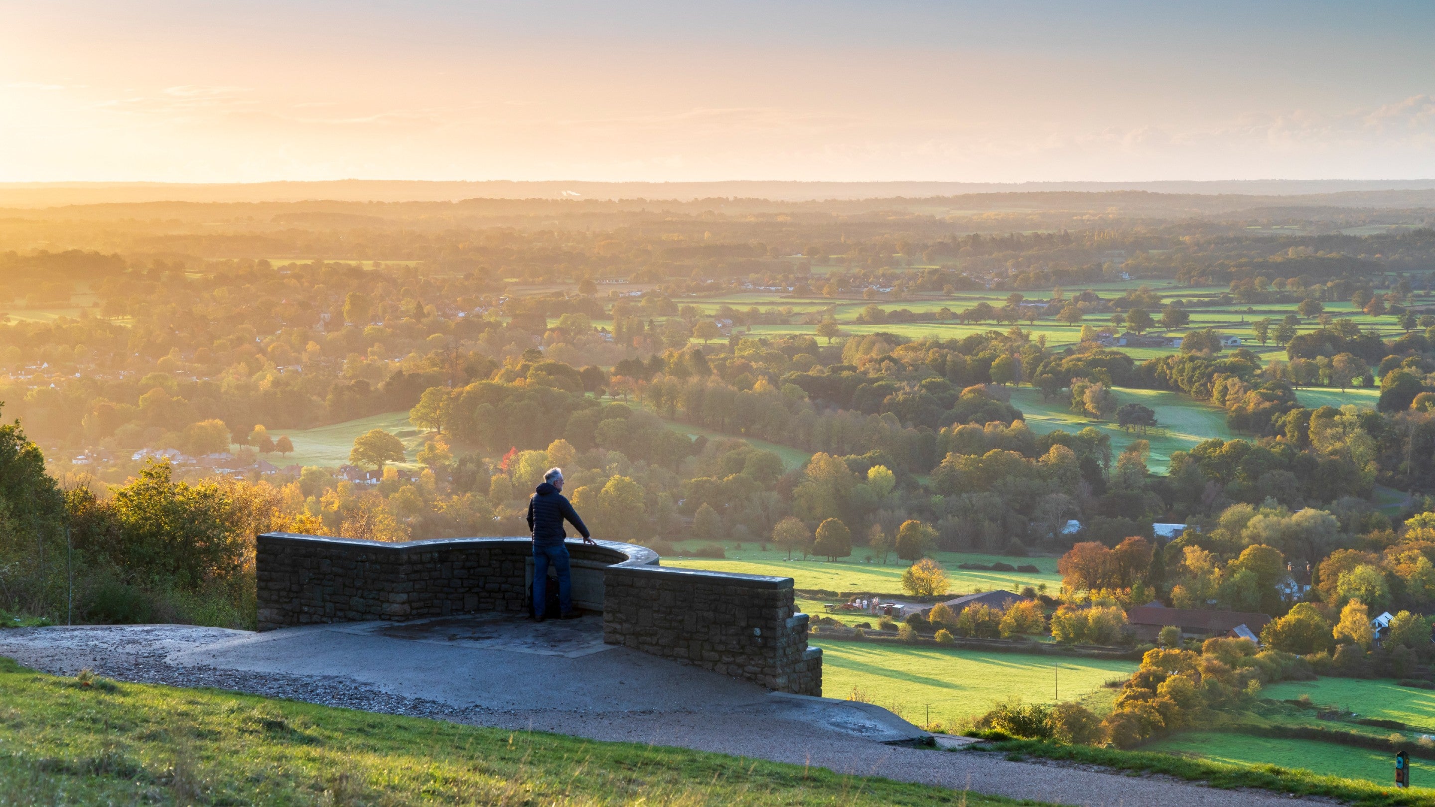 Man standing at the viewpoint at Box Hill with his back to the camera looking across fields and woodland full of autumn colours