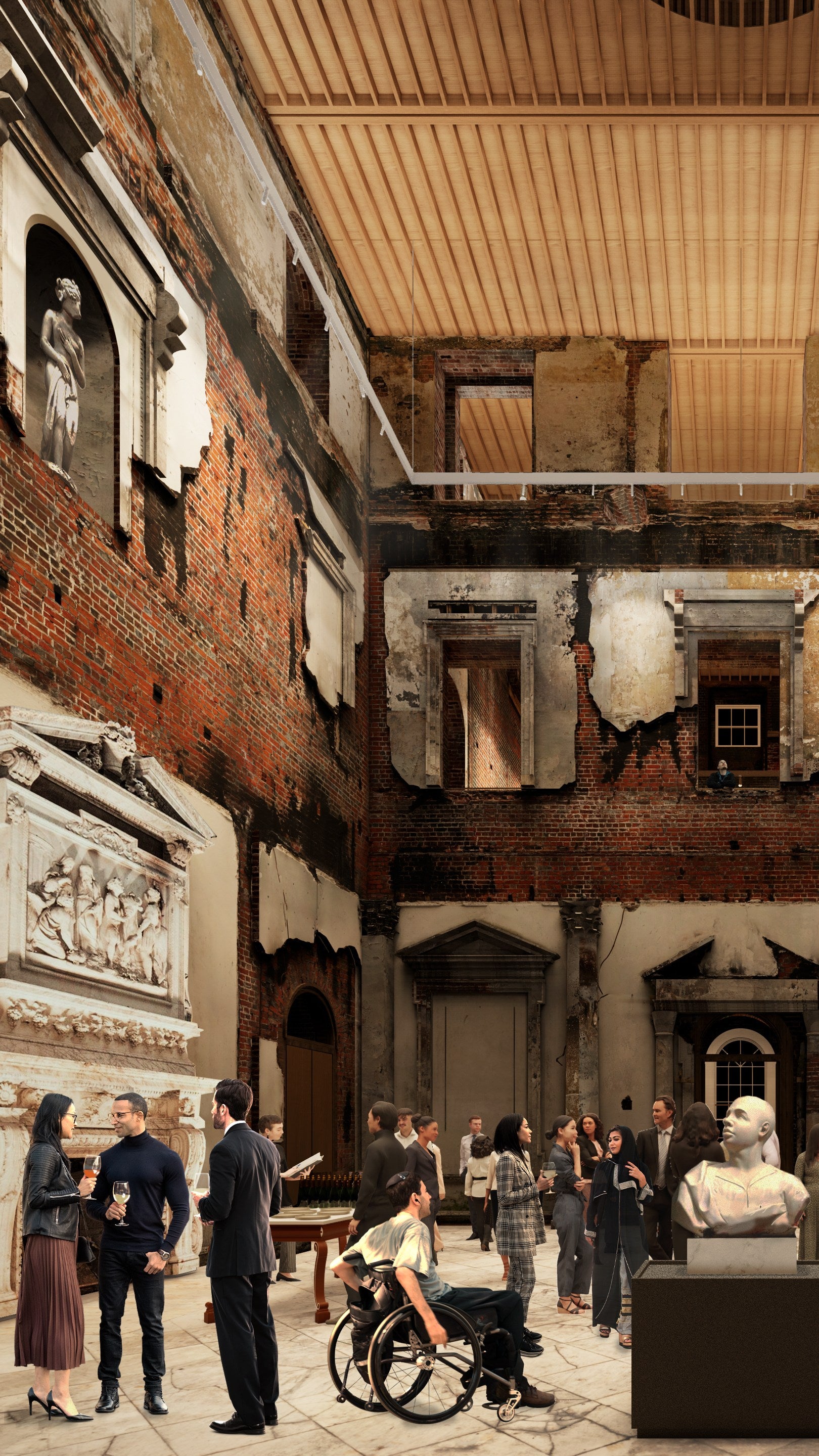 An architect's impression of a night time scene in the Marble Hall, Clandon Park, Surrey showing people attending an evening event.