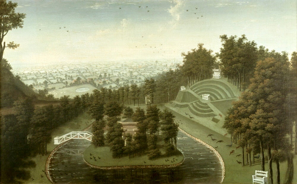 One of a series of paintings from an unknown artist of Claremont. This painting features a birds eye view of Claremont's lake and amphitheatre.