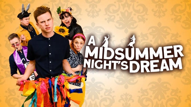A promotional graphic features photographs of four actors with various facial expressions on the left and the words A Midsummer Night's Dream on the right.