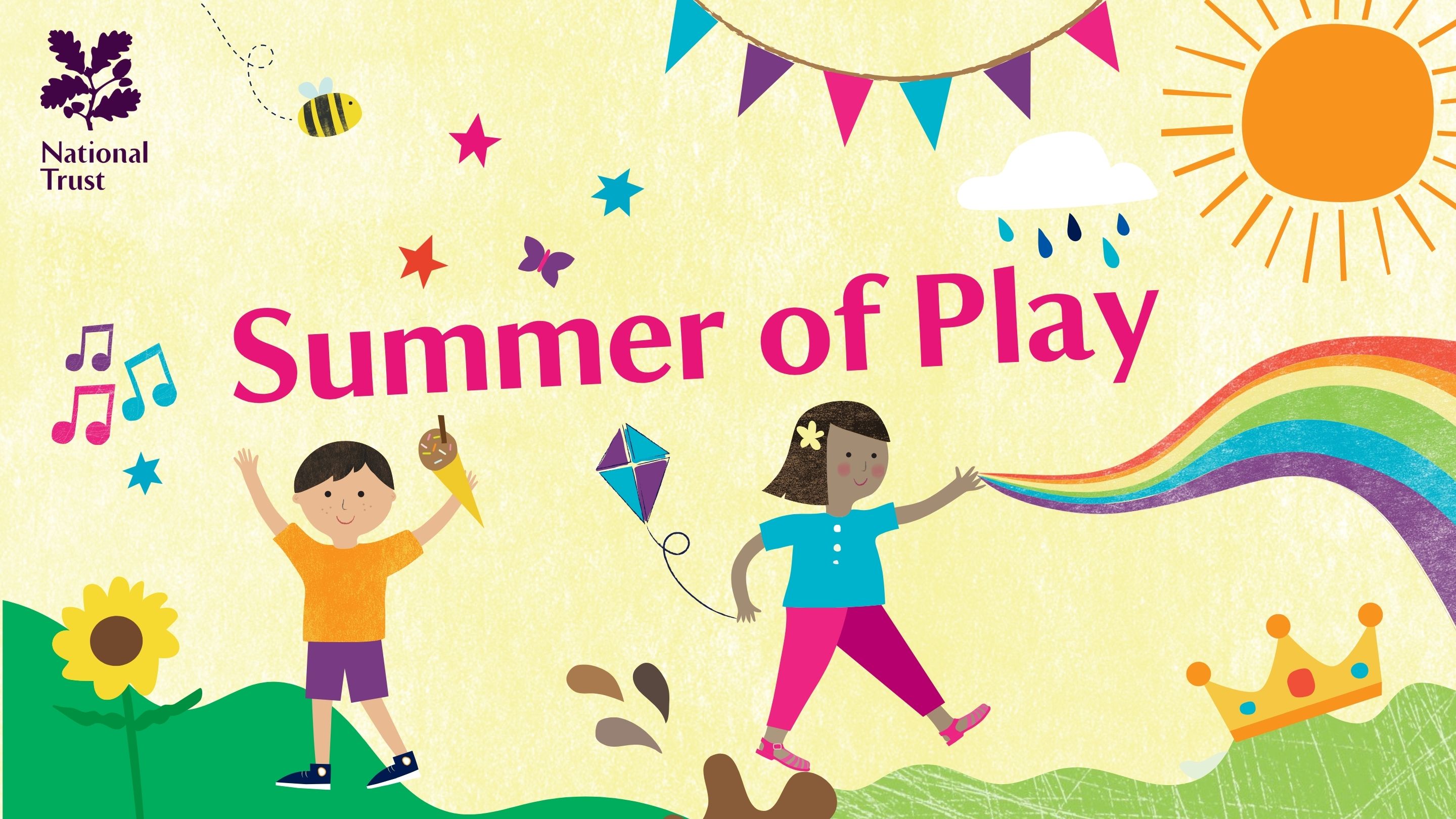 a colourful graphic for ‘Summer of Play’ at Morden Hall Park, sponsored by Starling Bank. The poster includes the National Trust logo, a stylized sun in the top right corner, and playful illustrations of clouds and a rainbow. Two children are depicted playing; one is flying a kite, and the other is holding an ice cream cone.