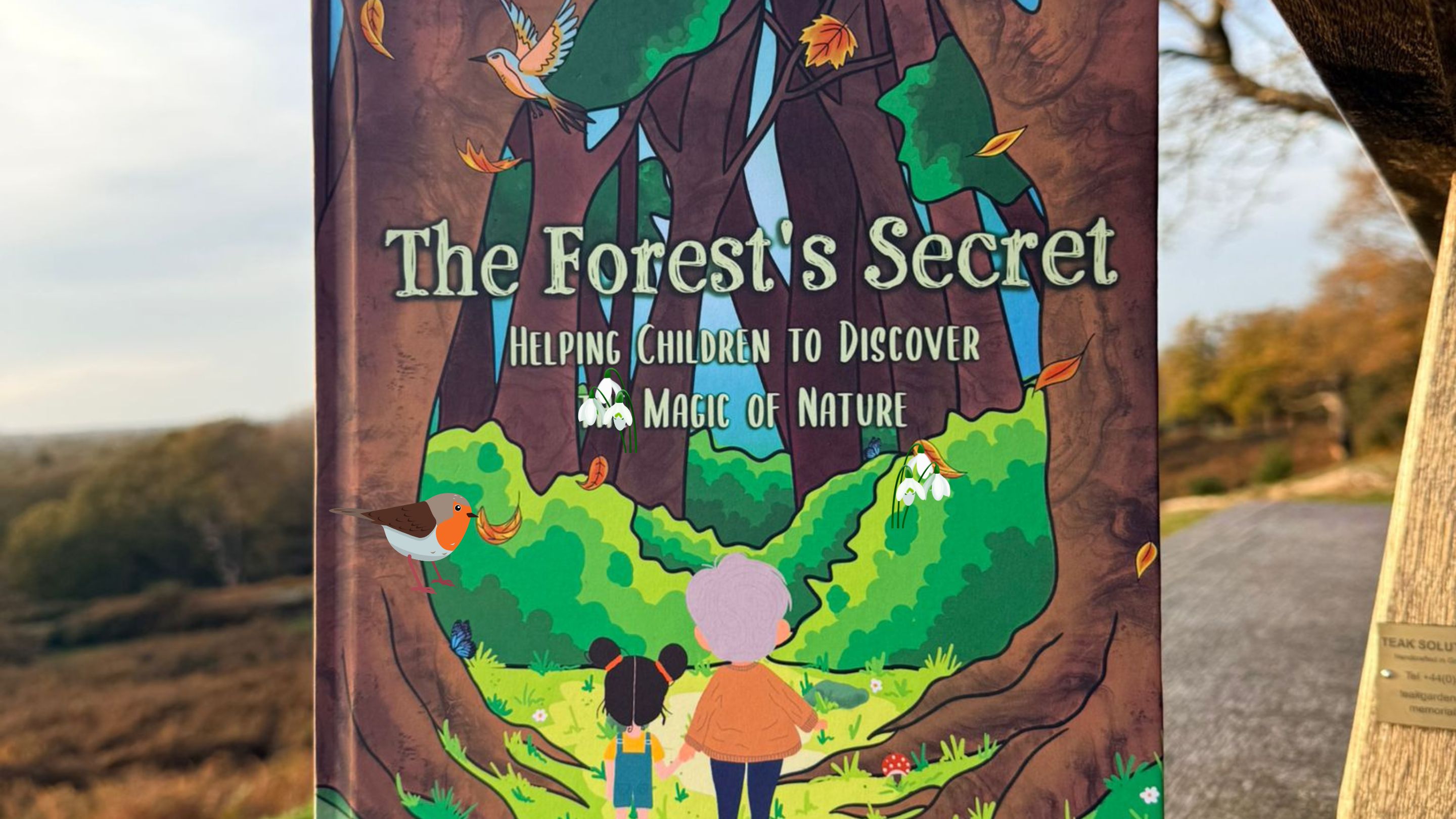A photograph of the book, The Forest's Secret, placed on a bench with trees in the background. The book is illustrated with trees.
