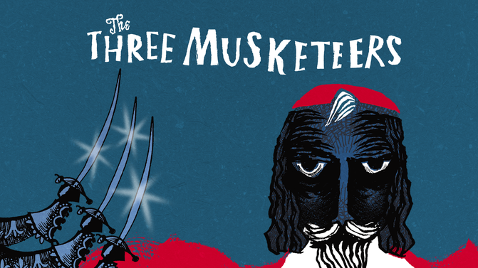 A graphic illustration of a Muskateer with three hands holding swords on the left.  The words 'The Three Muskateers' are written across the top