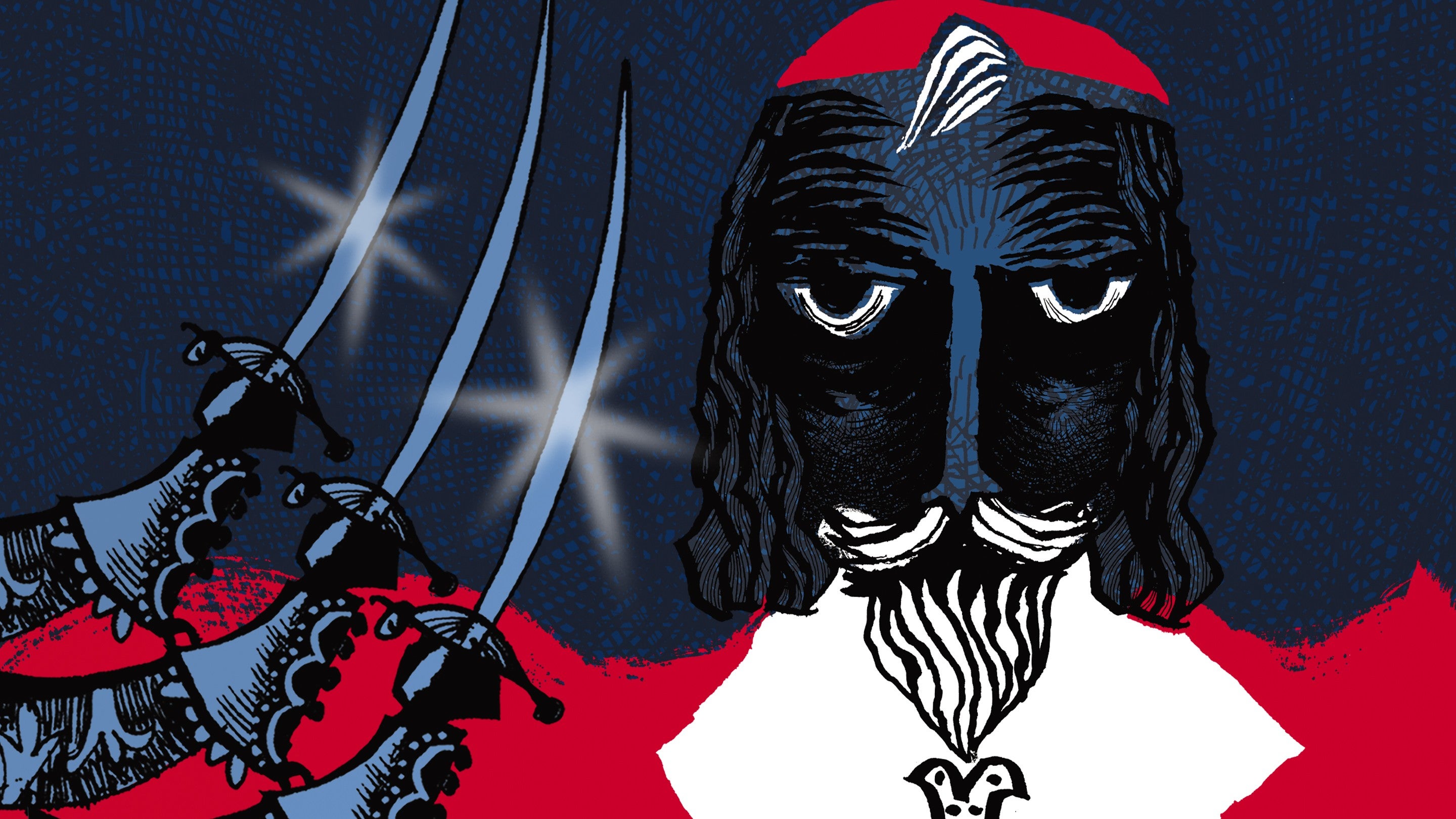 Graphic black, blue, red and white image of the face of a bearded musketeer and three swords