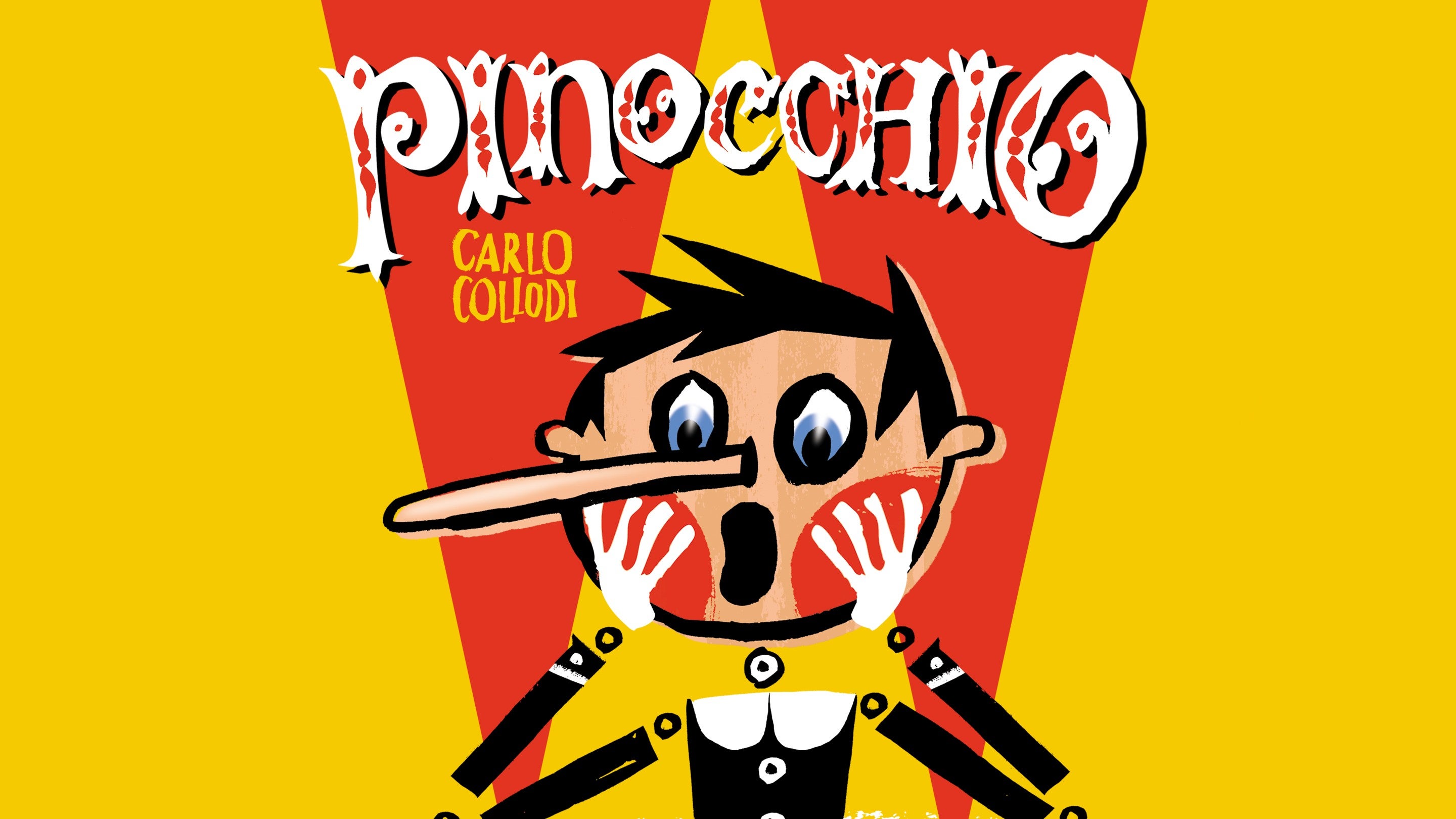Drawn image of a boy with a very long nose, holding his hands to his face and looking surprised.. The word Pinocchio is above the image in white lettering on a yellow background.