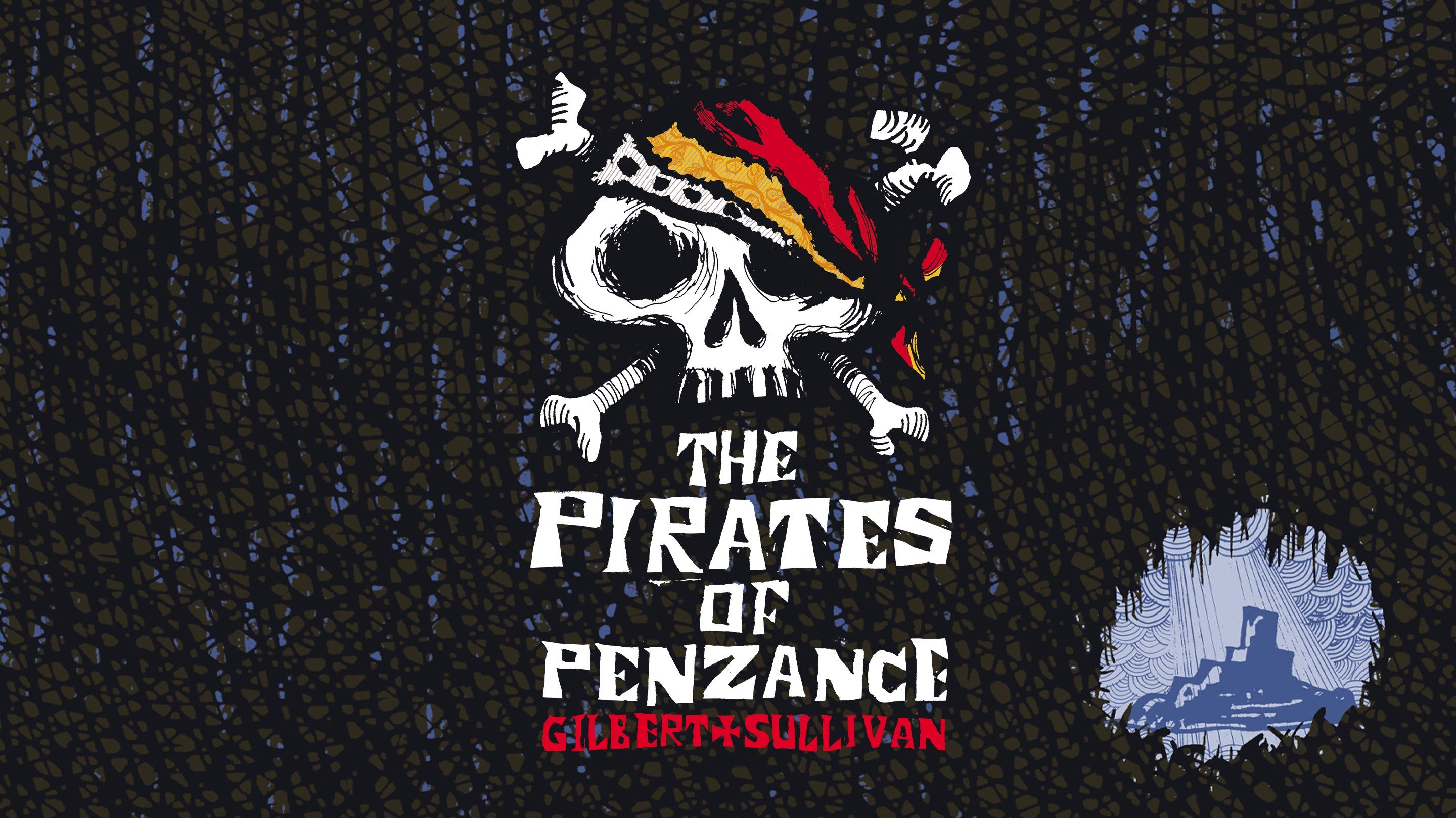 Artwork of a white skull and crossbones on a black background with the wording The Pirates of Penzance, Gilbert and Sullivan