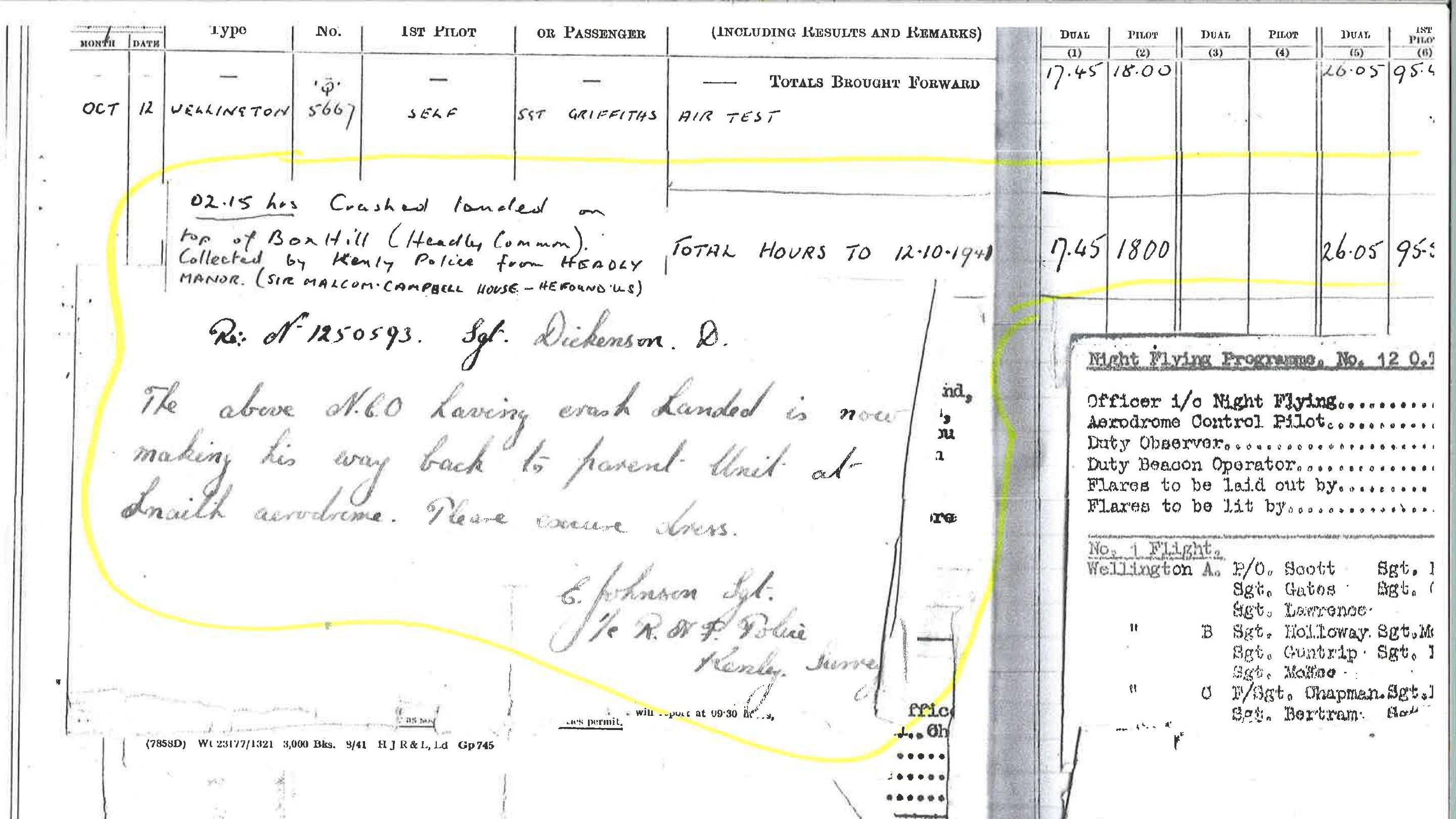 The pilot's entry on the log book from the Vickers Wellington bomber