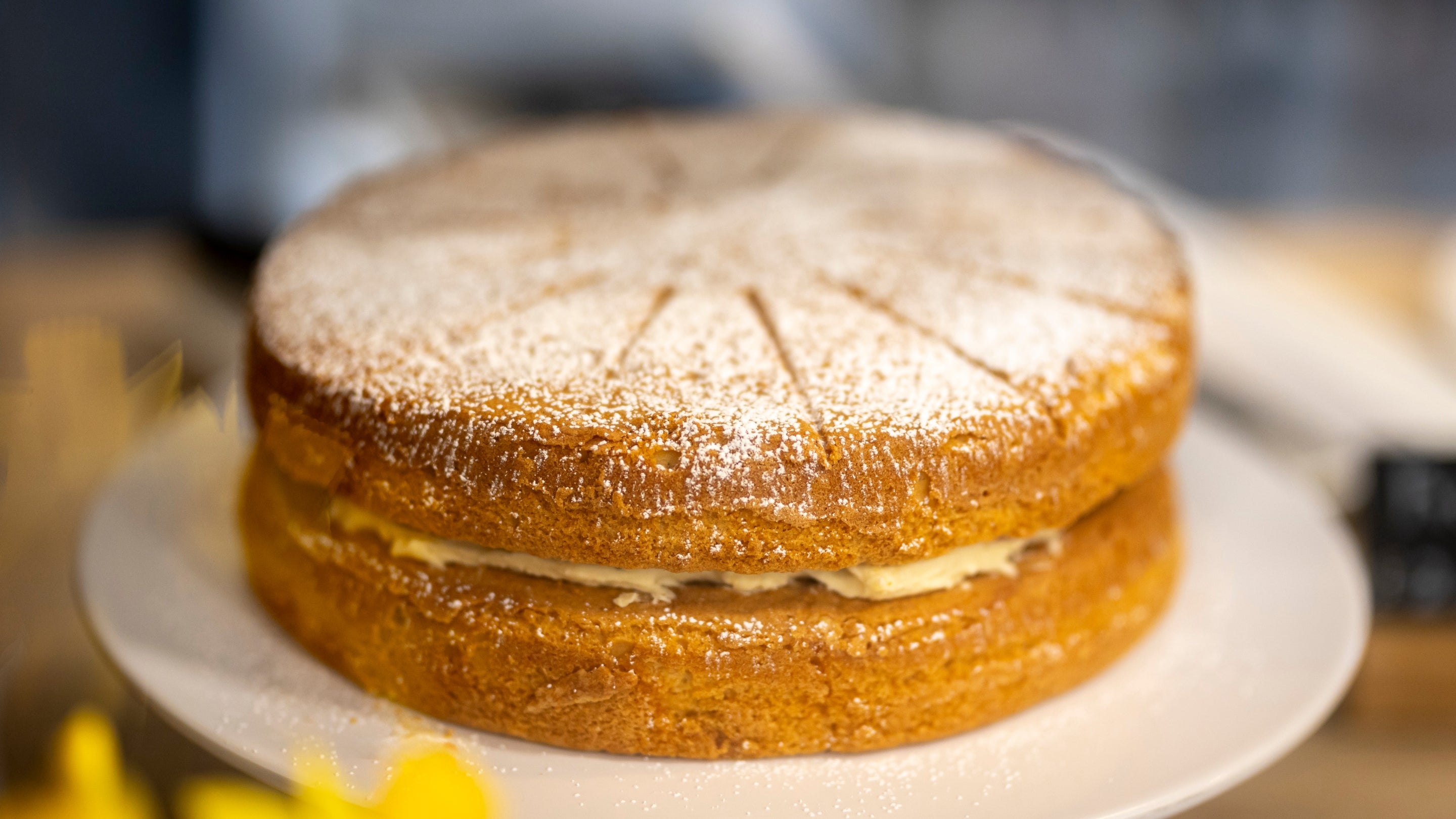 Close up of a Victoria sponge cake