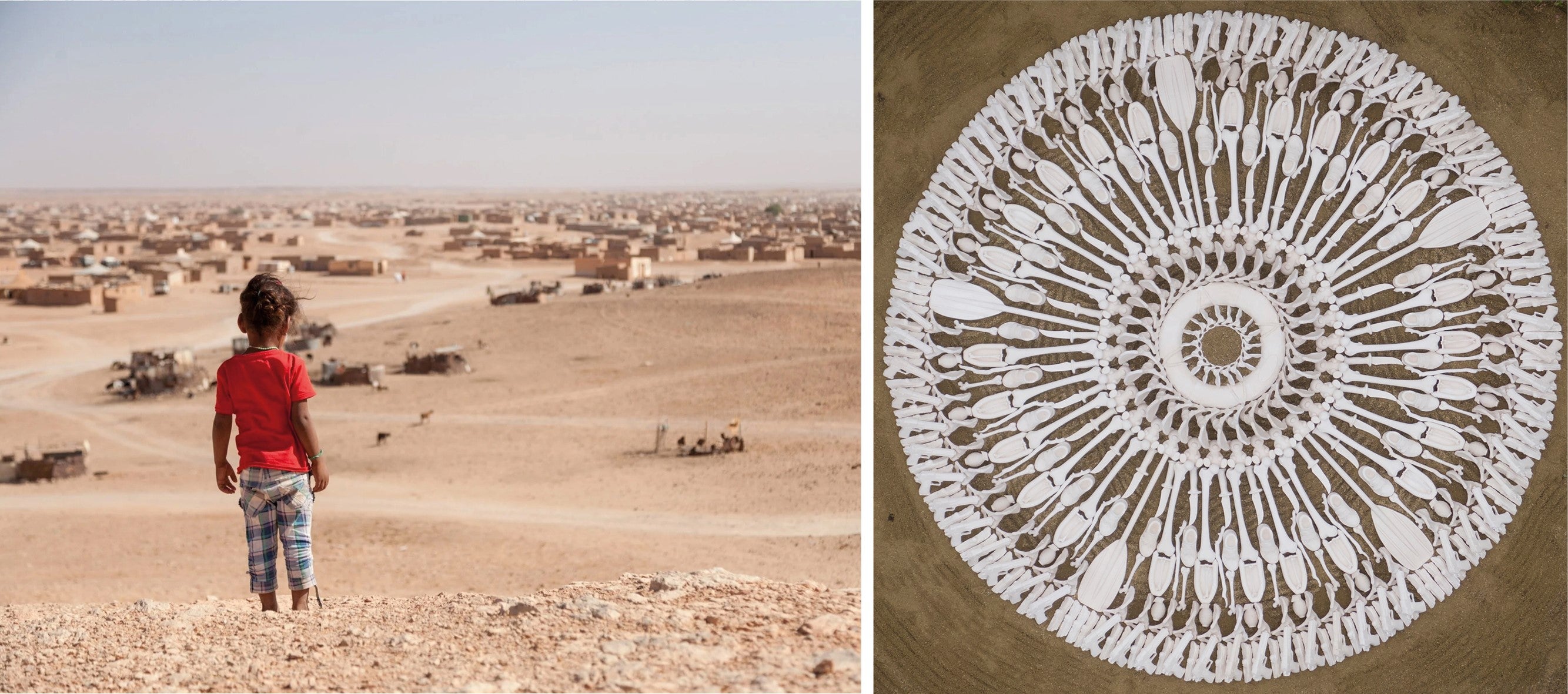 Two images. On the left is a photo of the back of a  young girl as she looks at an encampment in a desert. On the right is an image of a mandala-shaped white piece of artwork.