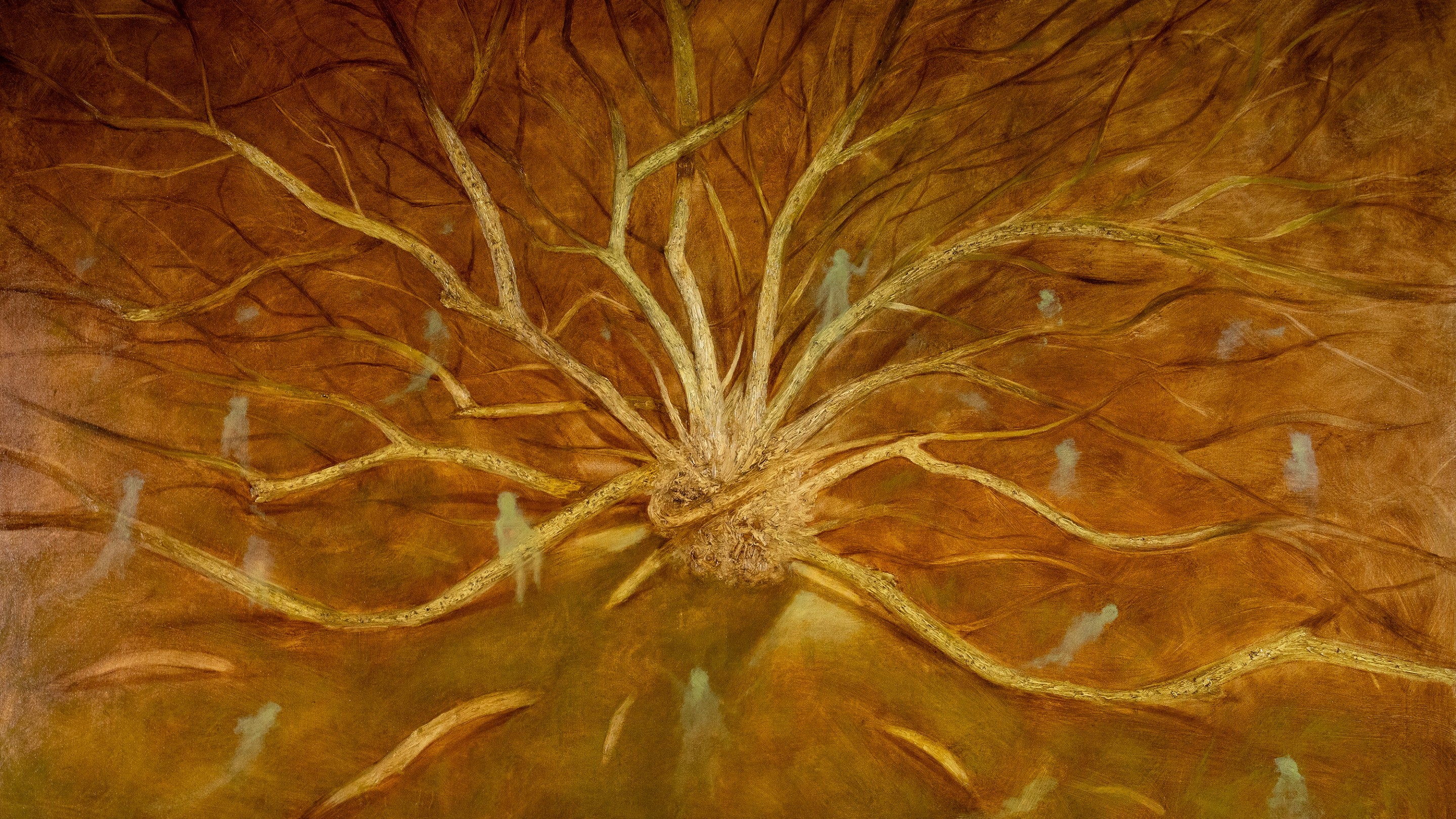 An artist's impression of a tree with its many branches reaching out to figures of people. The painting is brown and orange, and the small figures are almost translucent.