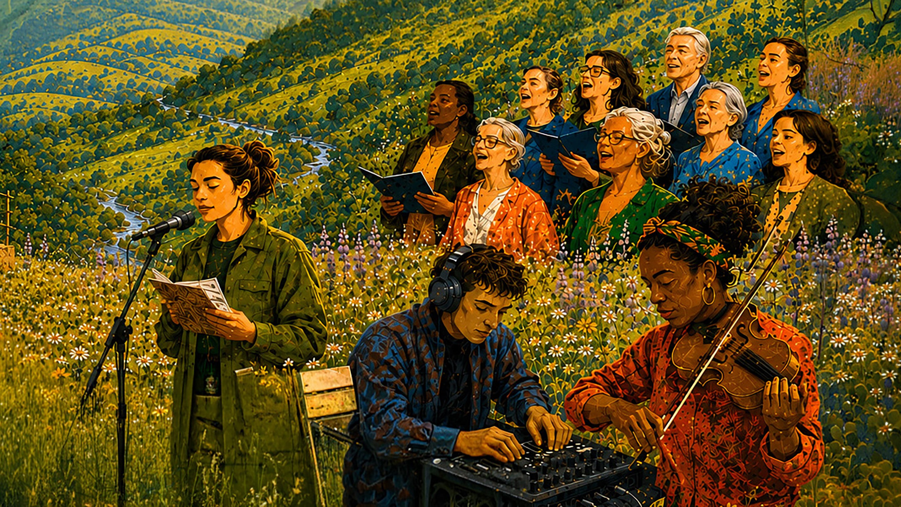 Graphically designed illustration of people singing, playing music and reading books in the countryside