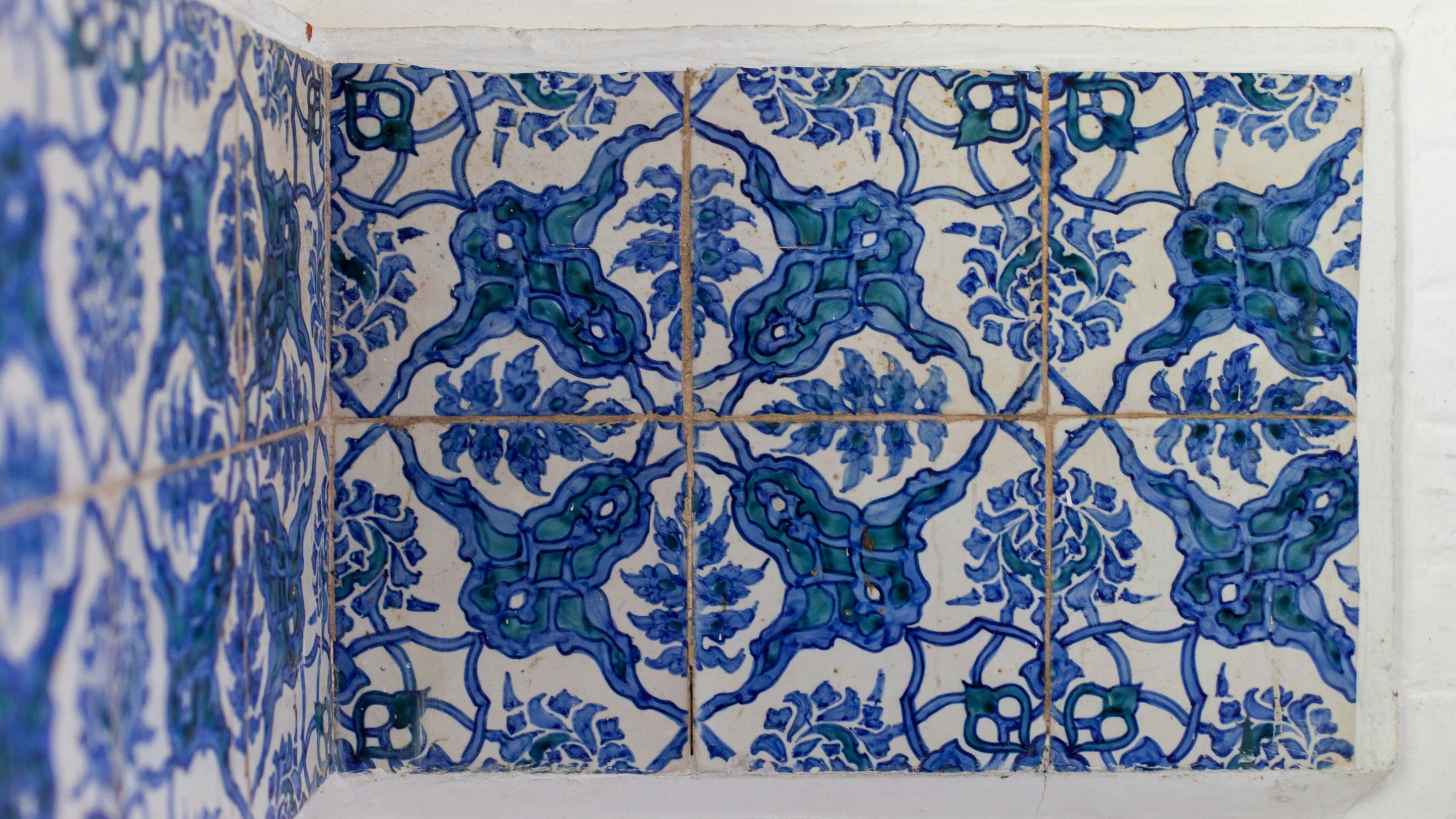 Blue and white hand painted tiles at Munstead Wood, Surrey