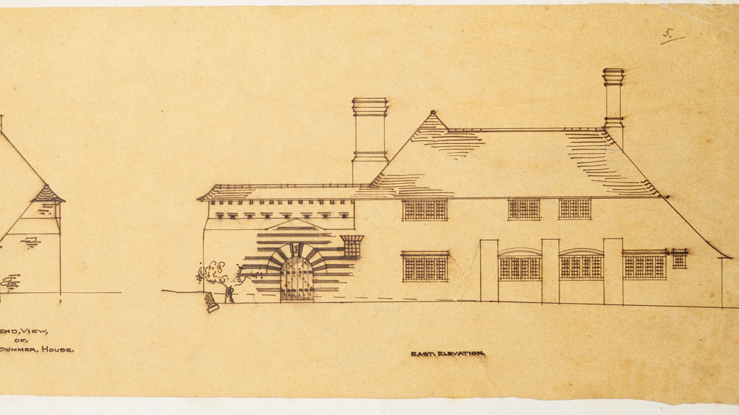 black and white sketch of one side of a house with a large pitched roof, two chimneys and an arched doorway with sunray brick design.