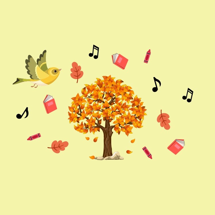 An illustration of an autumn tree with leaves, pencils, books and musical notes around it