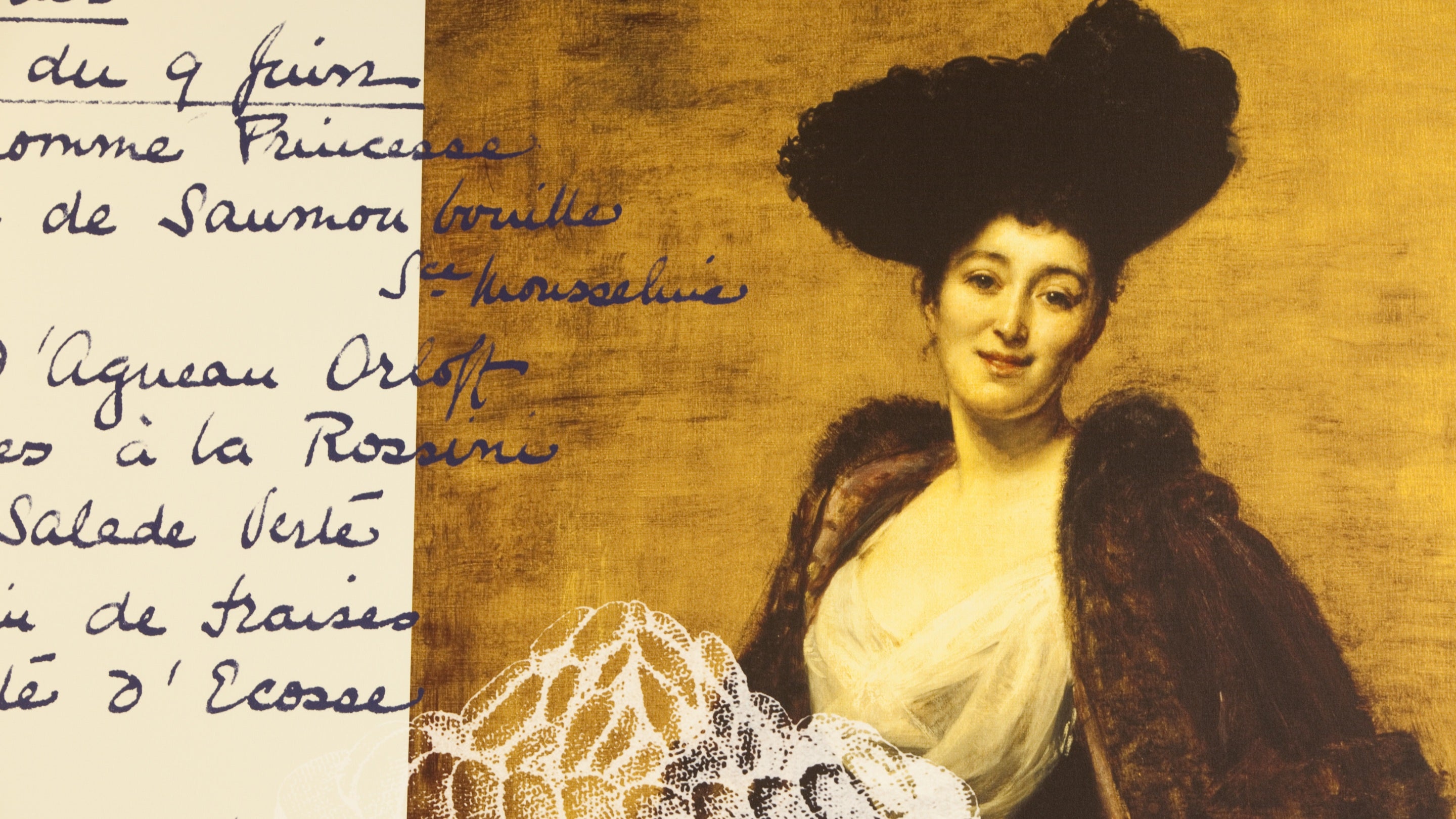 A display in the restaurant at Polesden Lacey, Surrey, using a painting of Margaret with handwritten text overlaid on it.