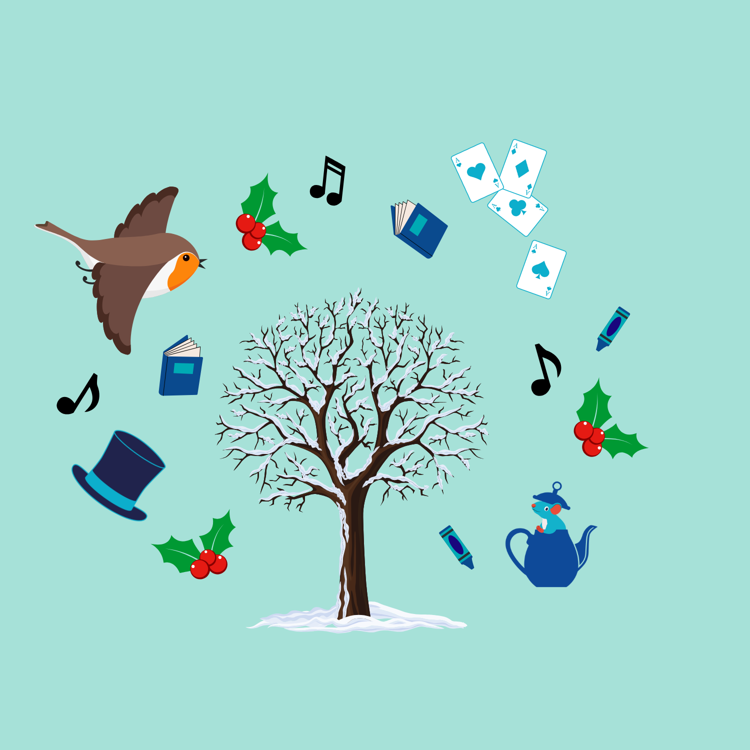 Christmas Story Explorers: image of a snow-laden wintery tree with holly, playing cards, a dormouse and a robin dotted around it