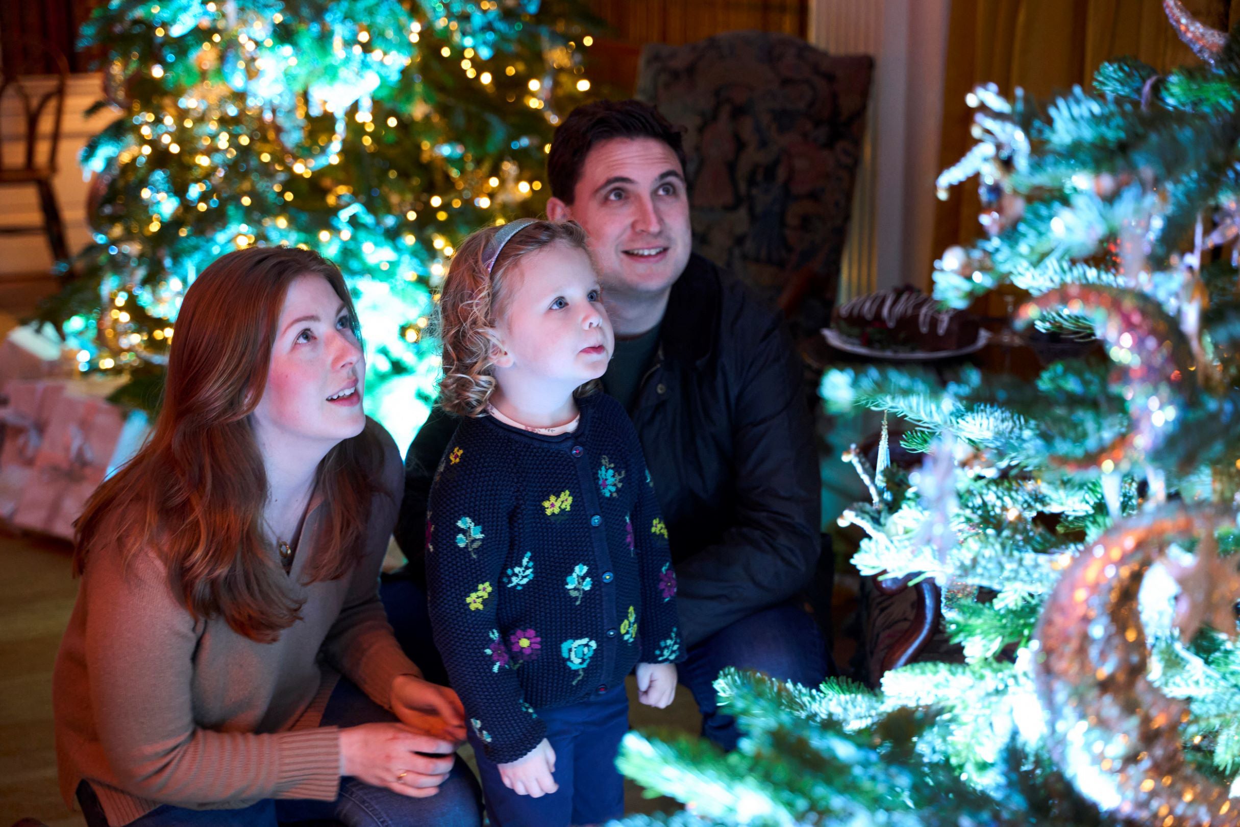 A mother and father and their young daughter admire a Christmas tree at Polesden Lacey