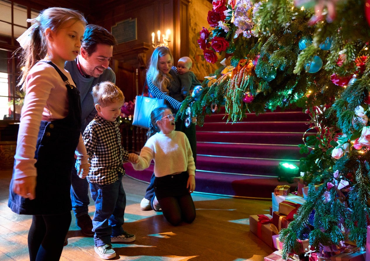 Alice's Christmas in Wonderland at Polesden Lacey 2025: a young family admire a large, lavishly decorated Christmas tree on the main hall