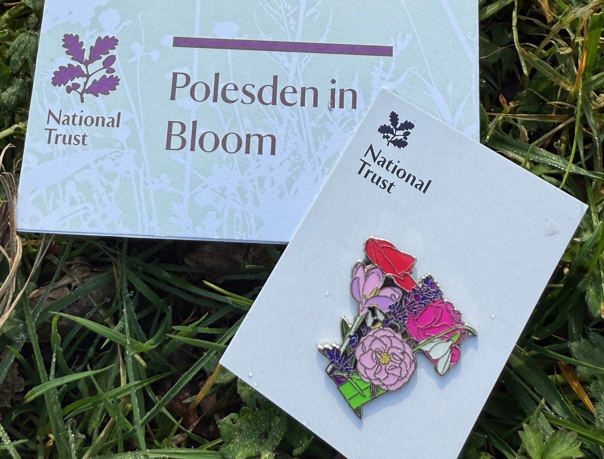 A small rectangular piece of paper with Polesden in Bloom written on it and a pin badge depicting a colourful bouquet of flowers