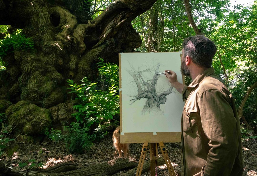 Artist Luke Adam Hawker drawing a tree