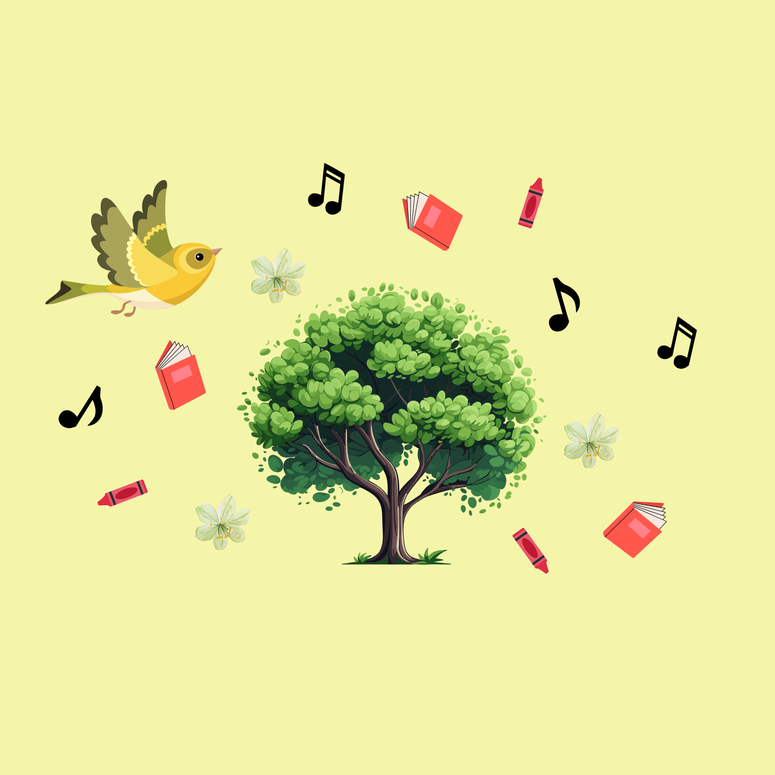 A graphic of a tree and a bird with musical notes, books, flowers and crayons flying around them