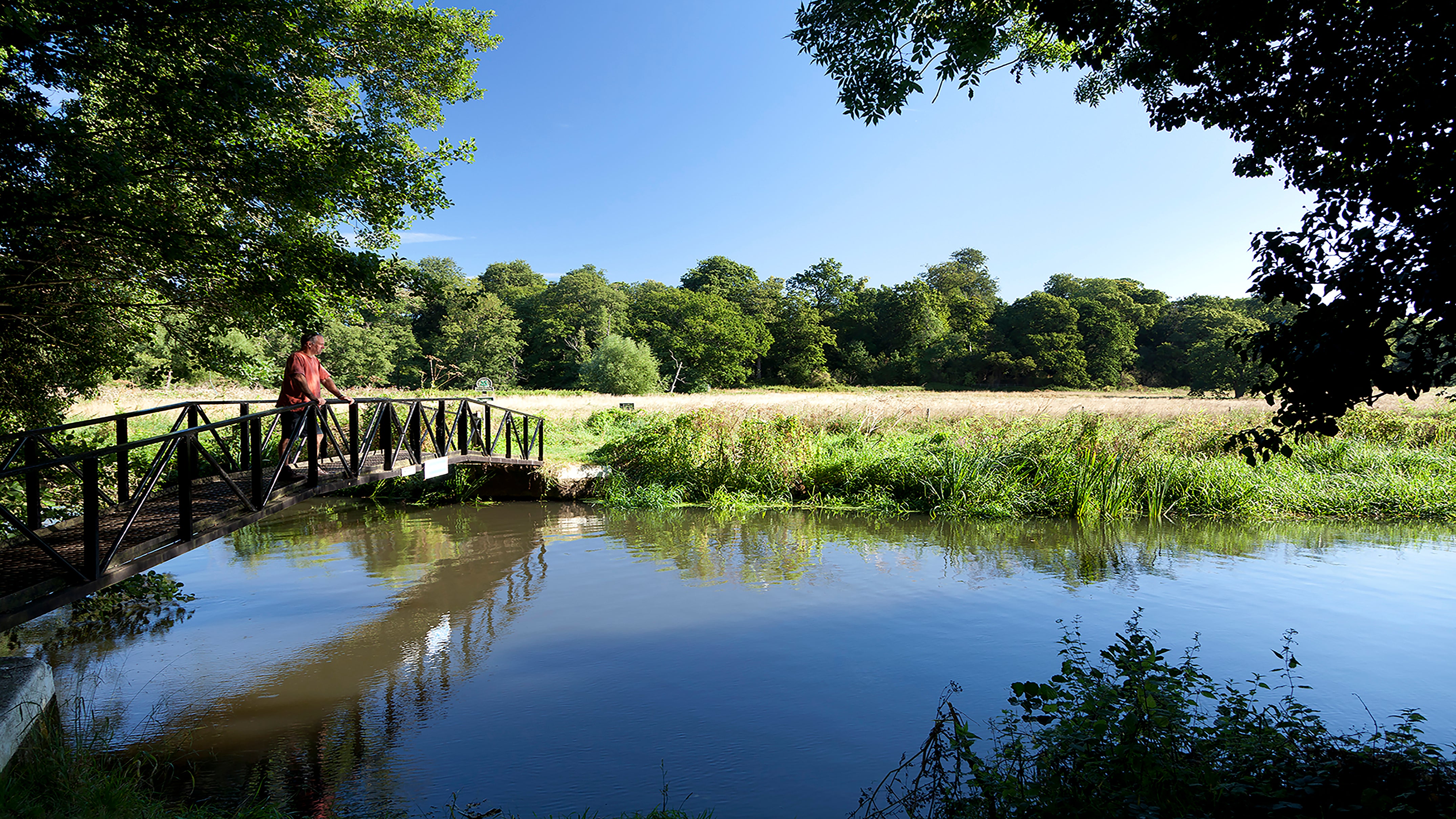 Man standing on the footbridge over the River Wey near Bowers Lock