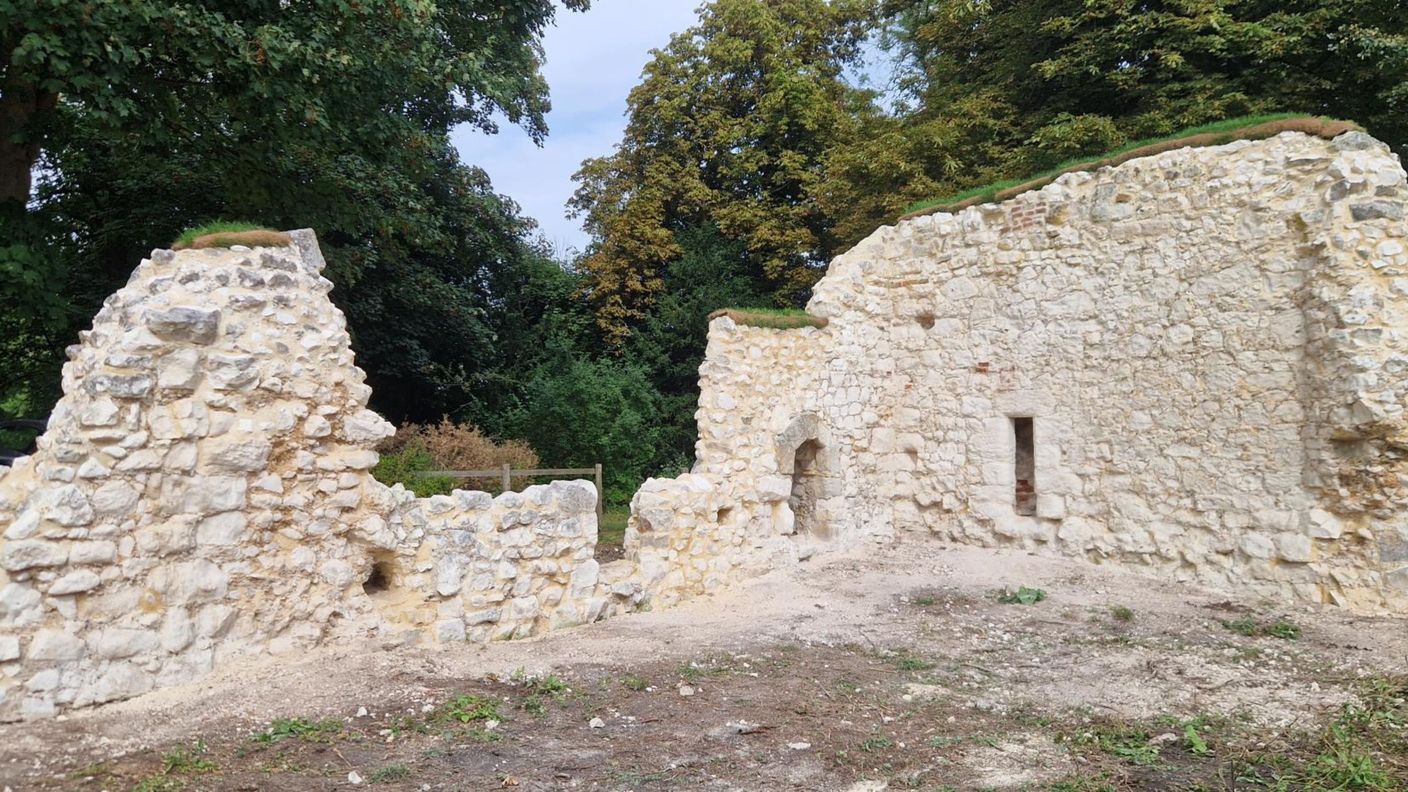 View of two walls of St Mary's Priory ruins where recent conservation work has taken place.