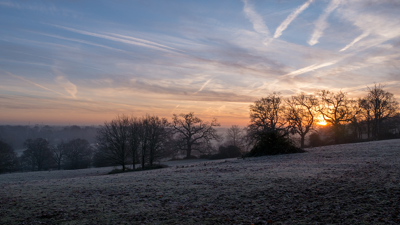 Sunset over the meadows at Runnymede during winter