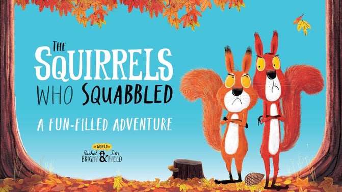 A  graphic of two squirrels standing between two trees looking grumpilly at each other with a single acorn between their feet.