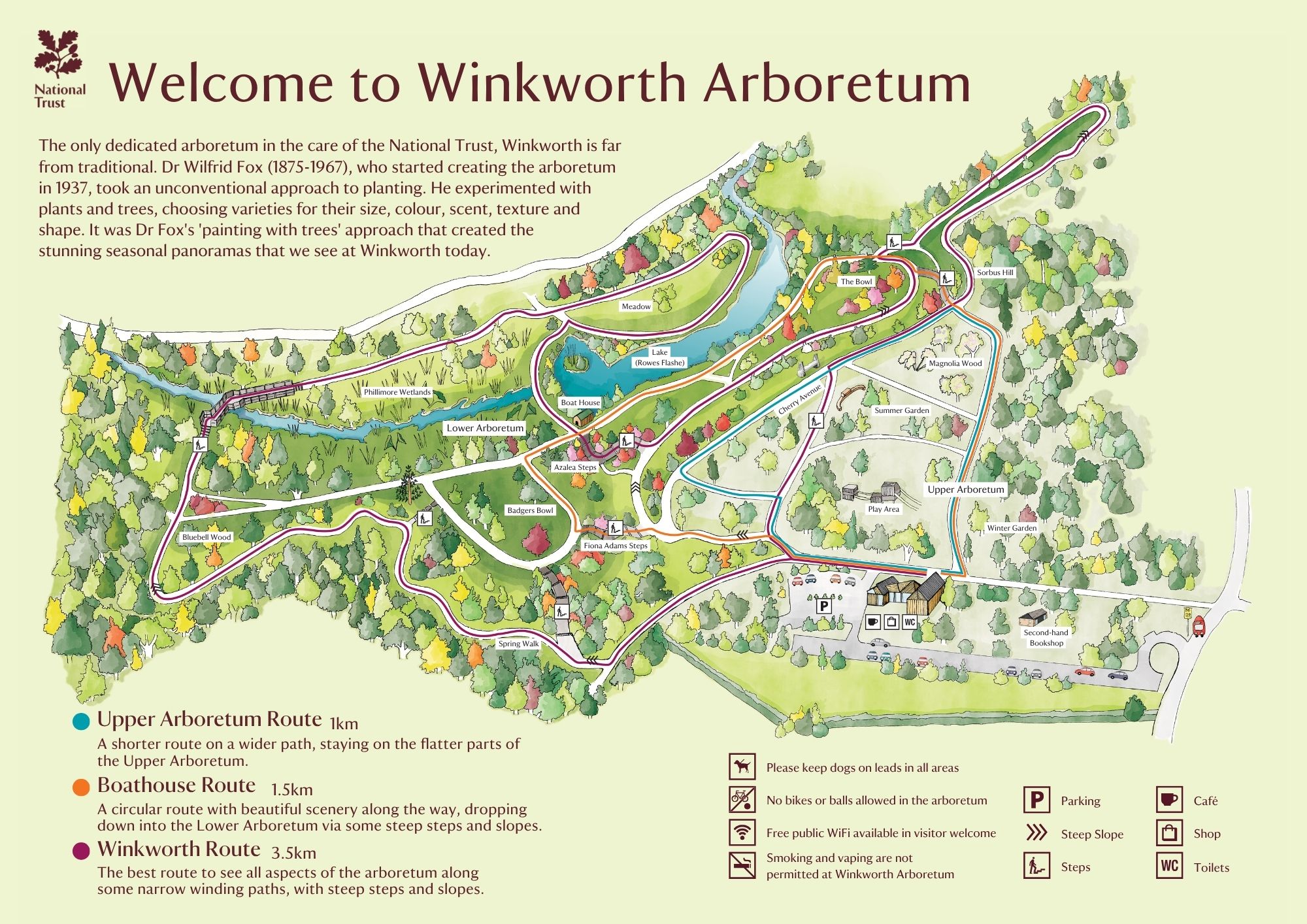 A graphic illustrating a map of Winkworth Arboretum.