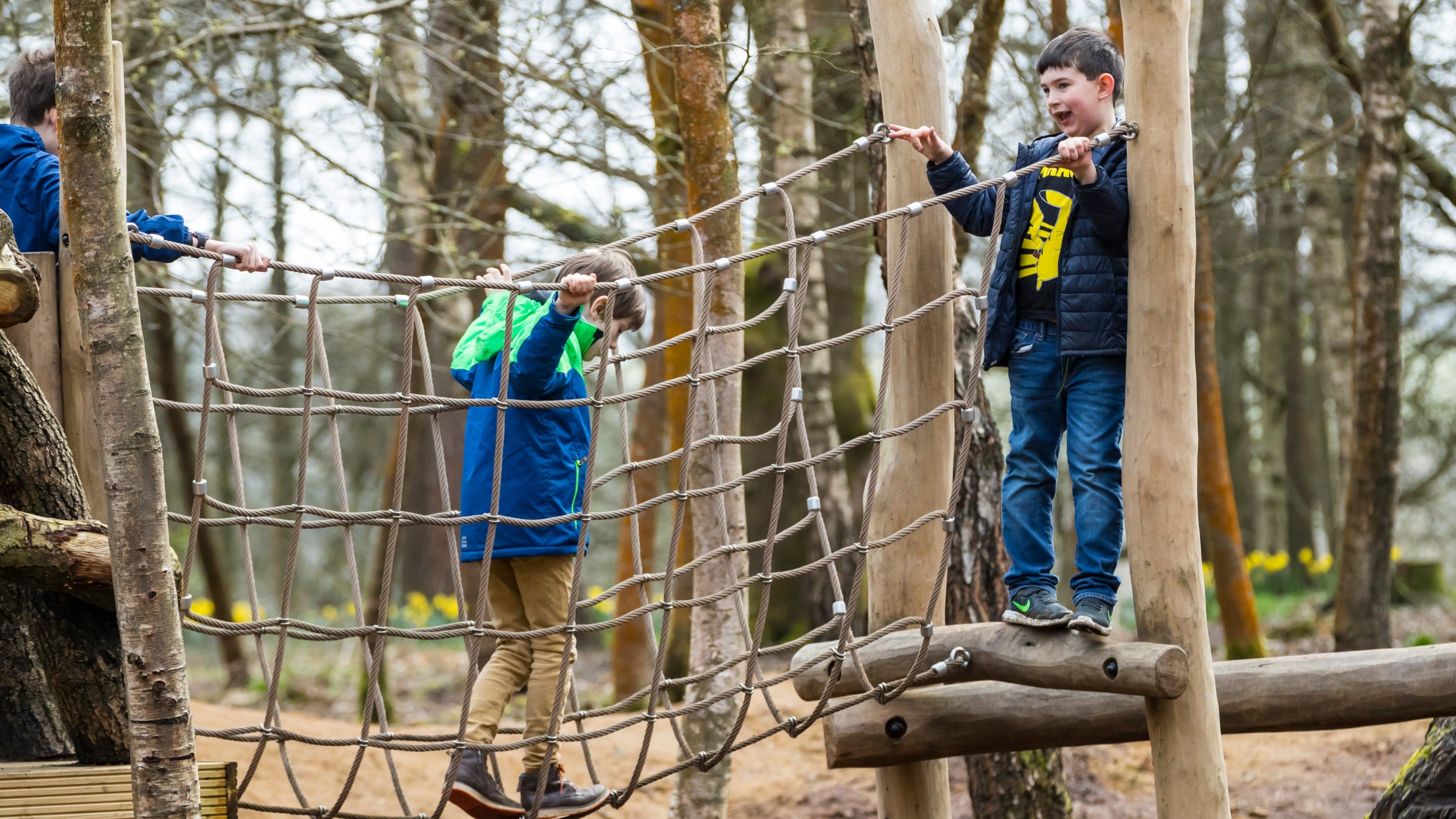 Children in the natural play area at Winkworth Arboretum, Surrey: one walks across a bridge made of rope netting, while others watch from both sides