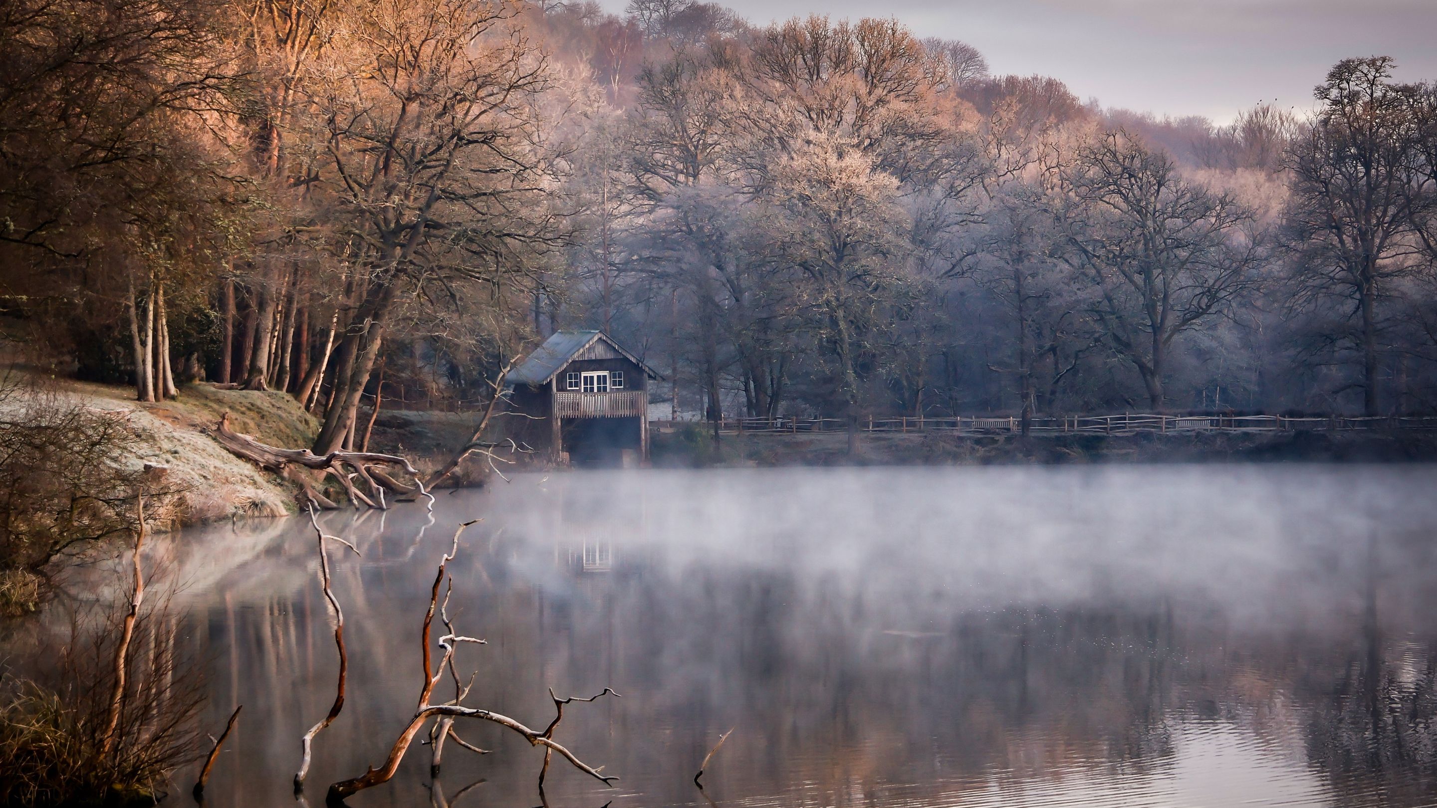 The boathouse tucked into the tree line on the far shore of the lake at Winkworth. The scene is tranquil with mist floating over lake with bare trees that appear frosty or lightly dusted from morning chill.