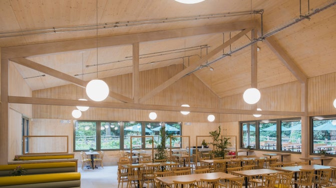 Spacious timber-framed café interior with high vaulted wooden ceilings, hanging globe lights, and rows of wooden tables and chairs. Large windows look out onto surrounding greenery, creating a bright, open dining space.