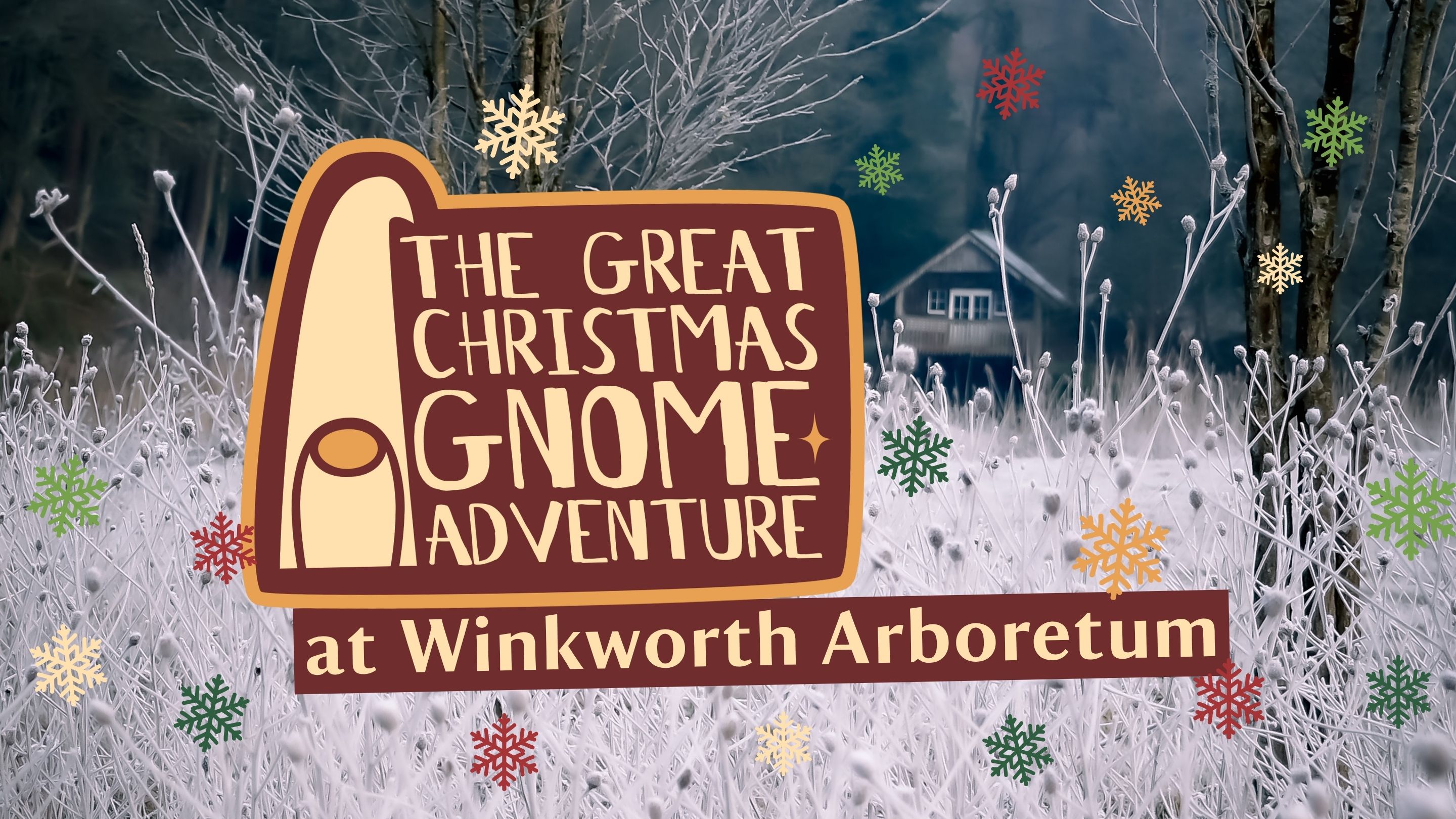 Promotional graphic for The Great Christmas Gnome Adventure at Winkworth Arboretum featuring the lake at Winkworth with frost cover plants and the boathouse in the background.