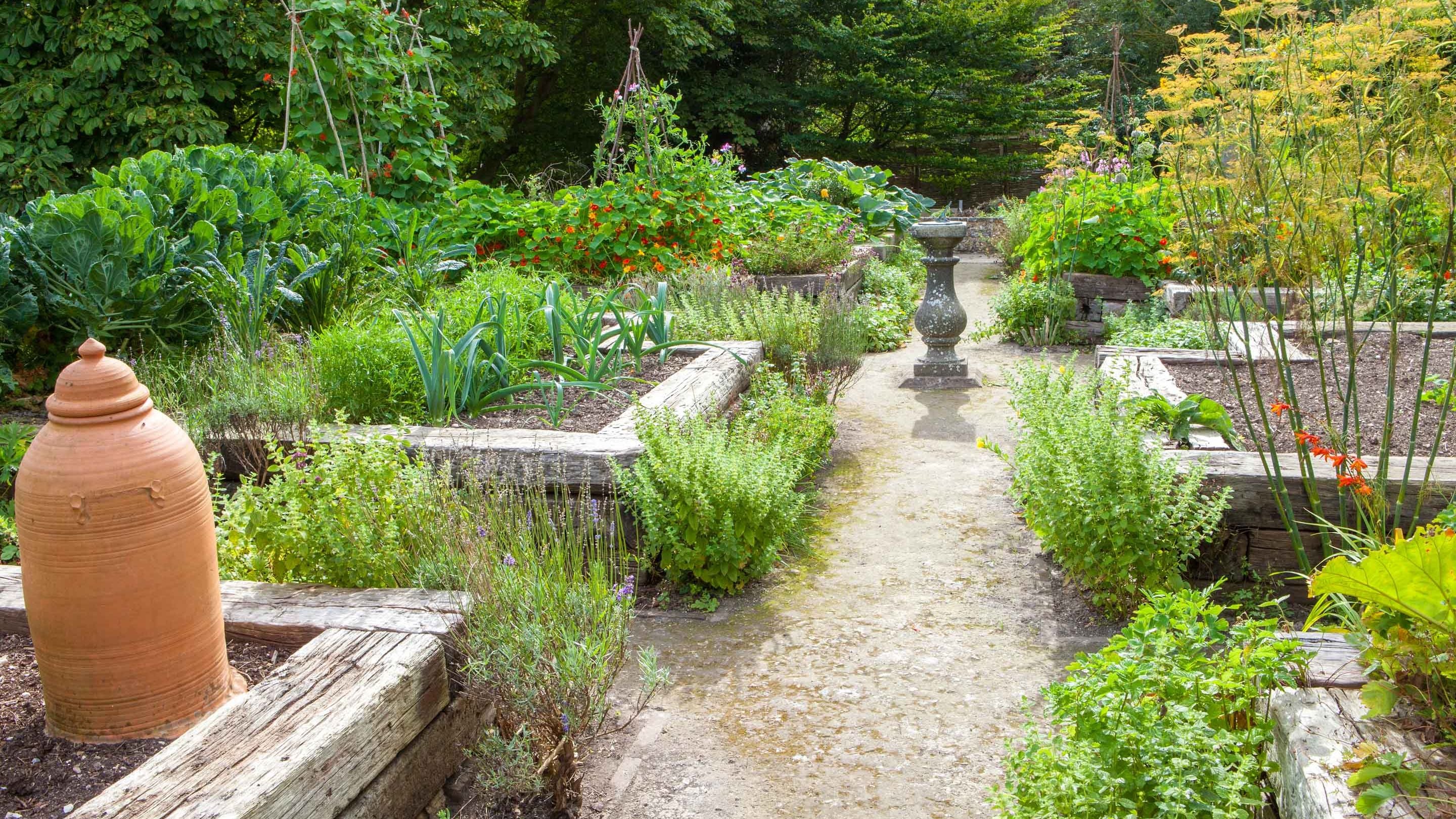 Sundial surrounded by topiary yew hedges at Alfriston Clergy House, East Sussex